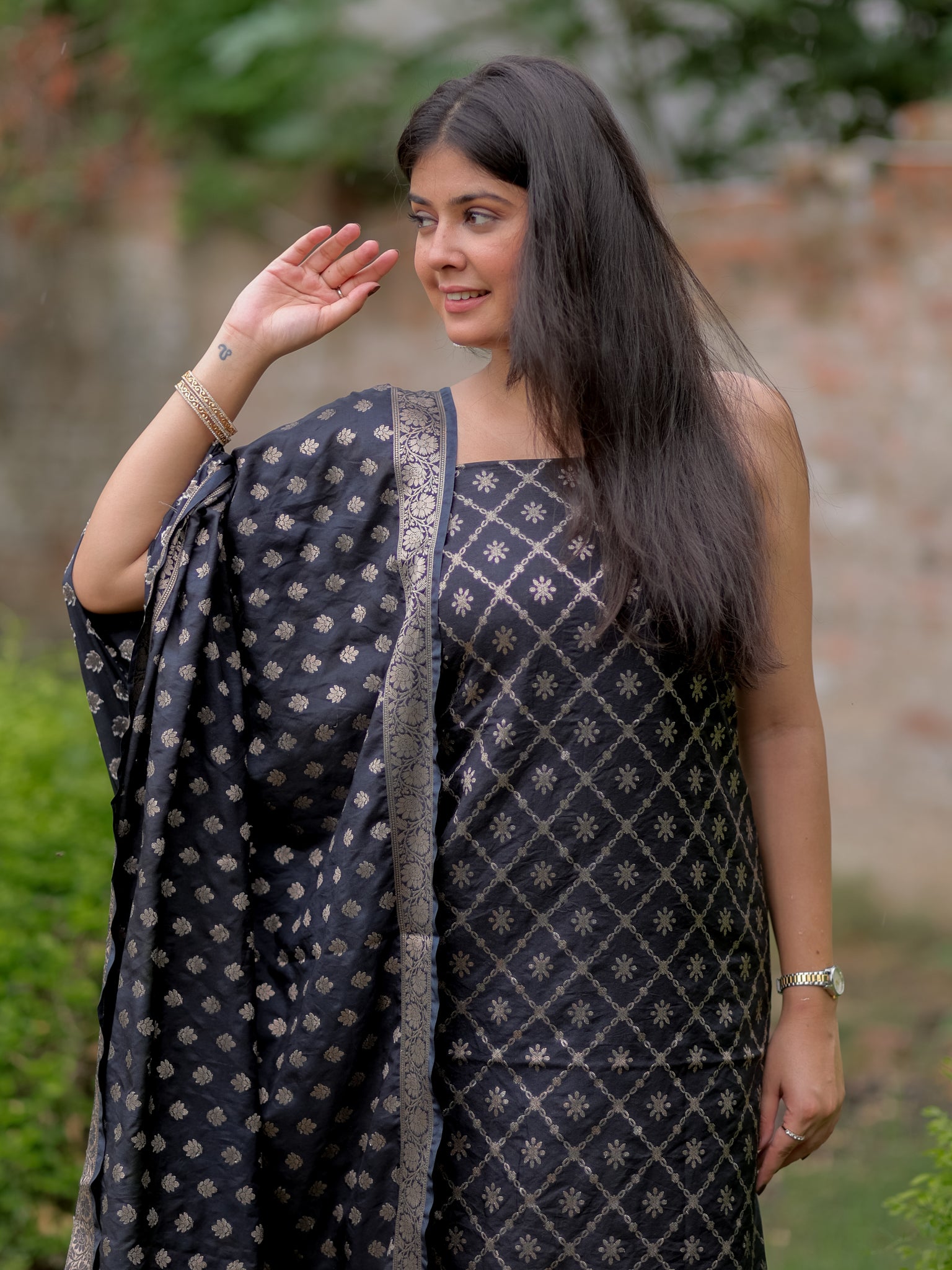 Banarasi Semi Katan Salwar Kameez Fabric With Dupatta- Black