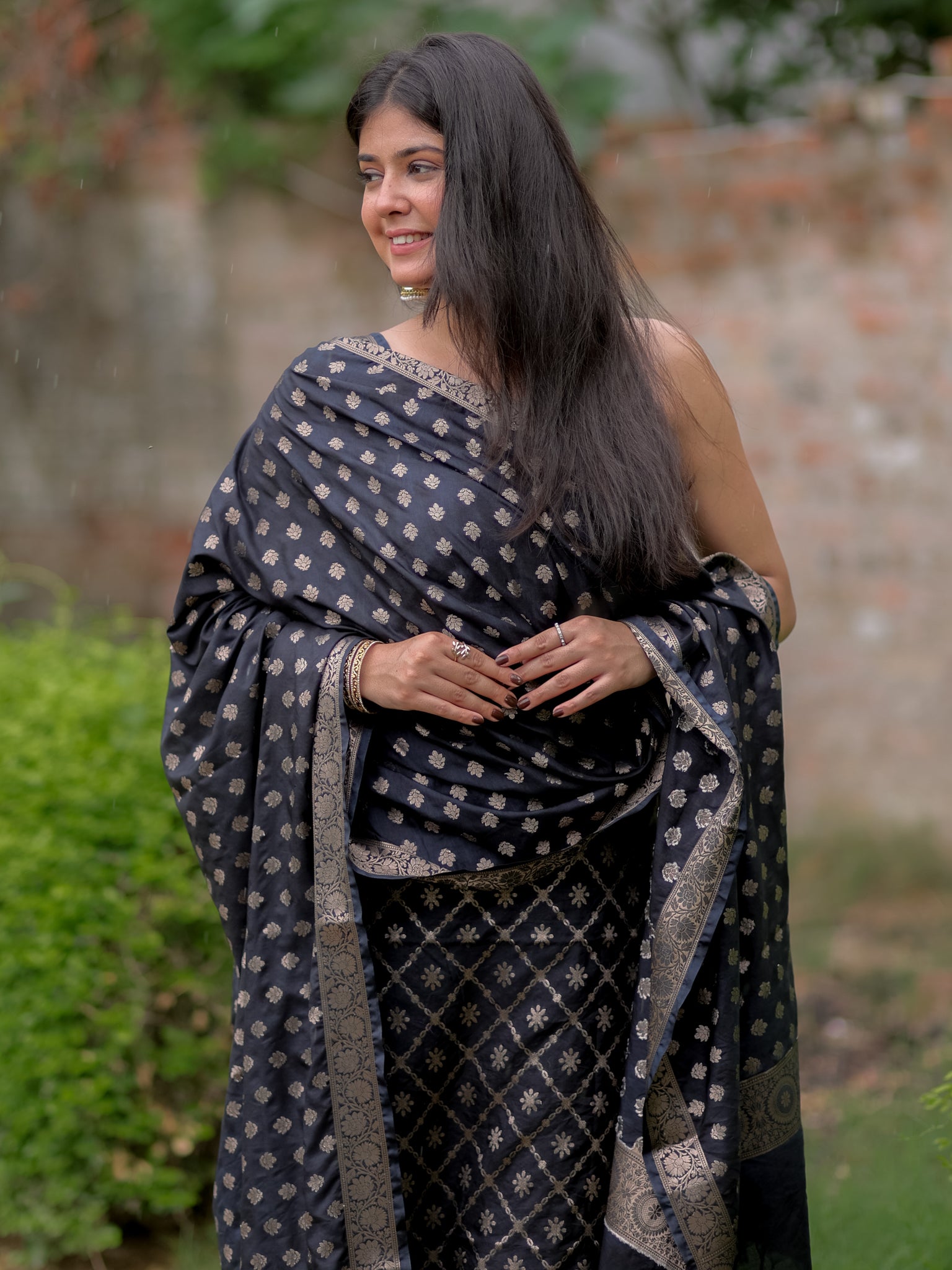 Banarasi Semi Katan Salwar Kameez Fabric With Dupatta- Black
