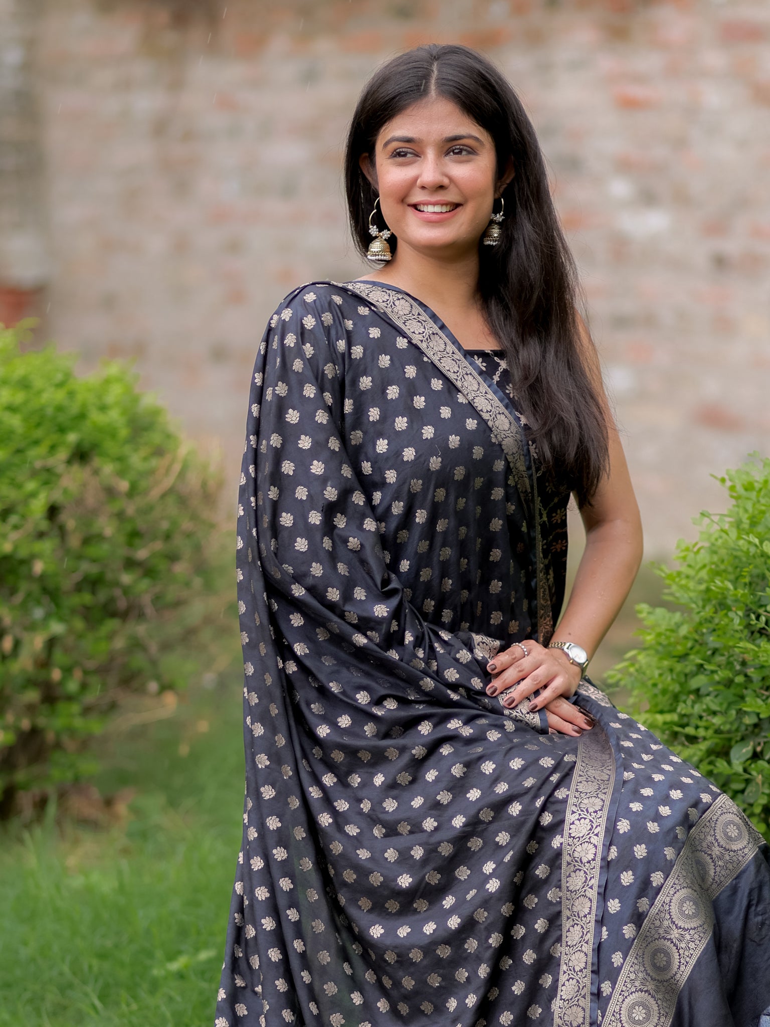Banarasi Semi Katan Salwar Kameez Fabric With Dupatta- Black