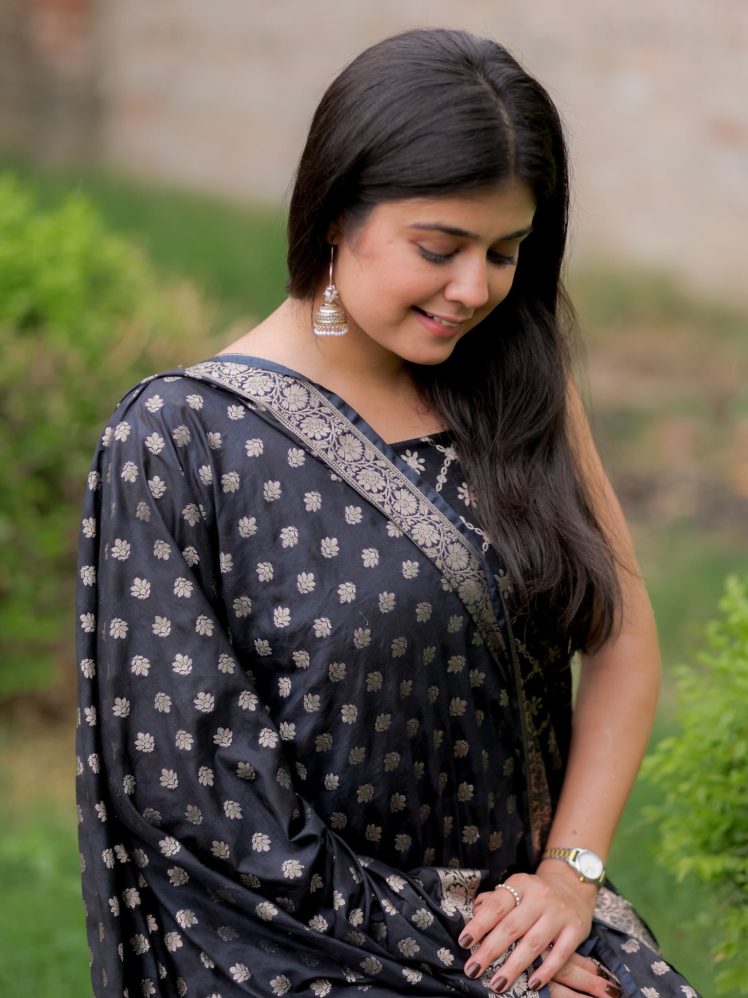 Banarasi Semi Katan Salwar Kameez Fabric With Dupatta- Black
