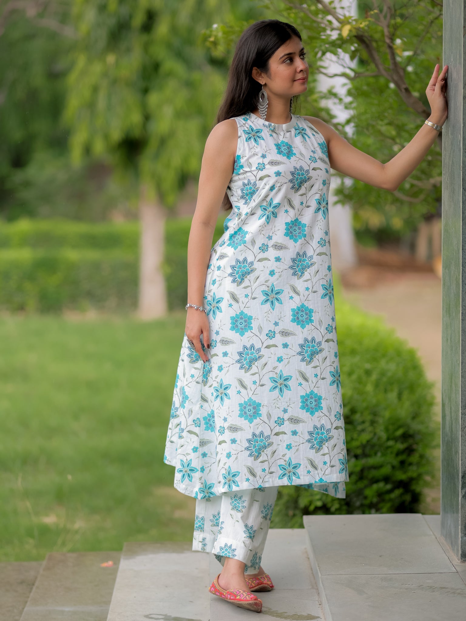 Readymade Floral Print Cotton Co-ord Set- White