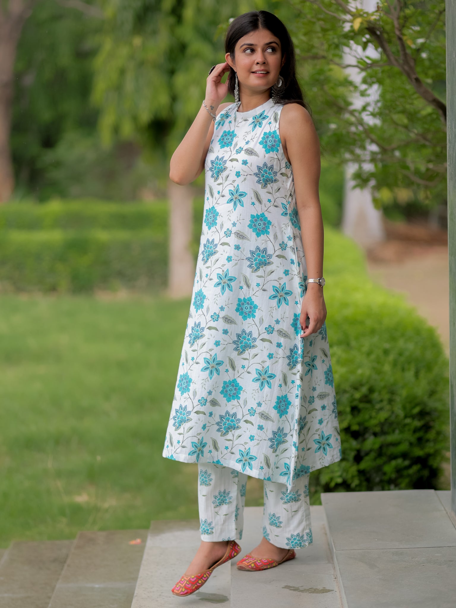 Readymade Floral Print Cotton Co-ord Set- White