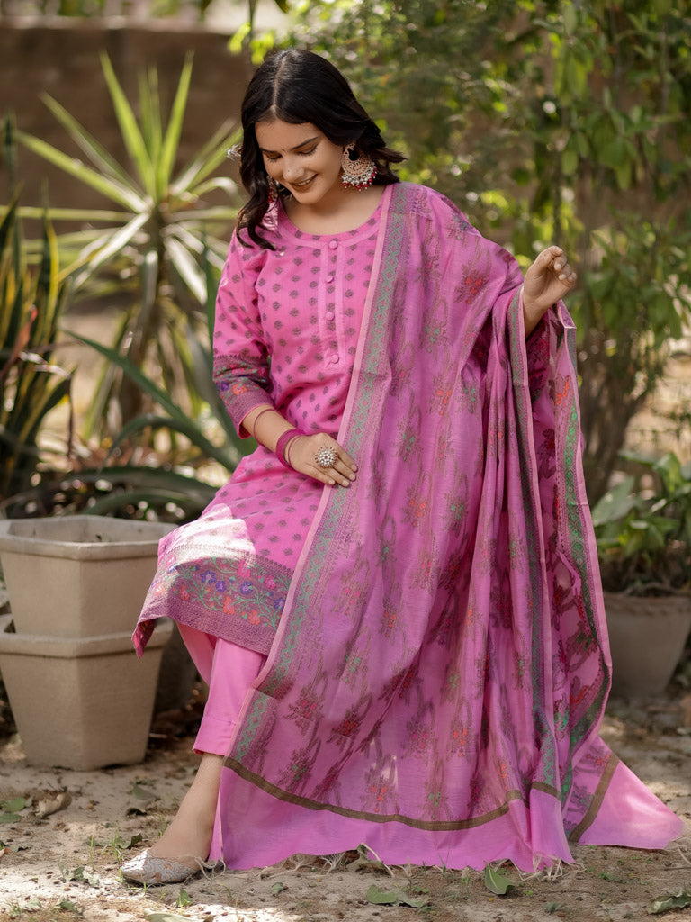 Readymade Banarasi Pure Cotton Silk Salwar Kameez-Pink