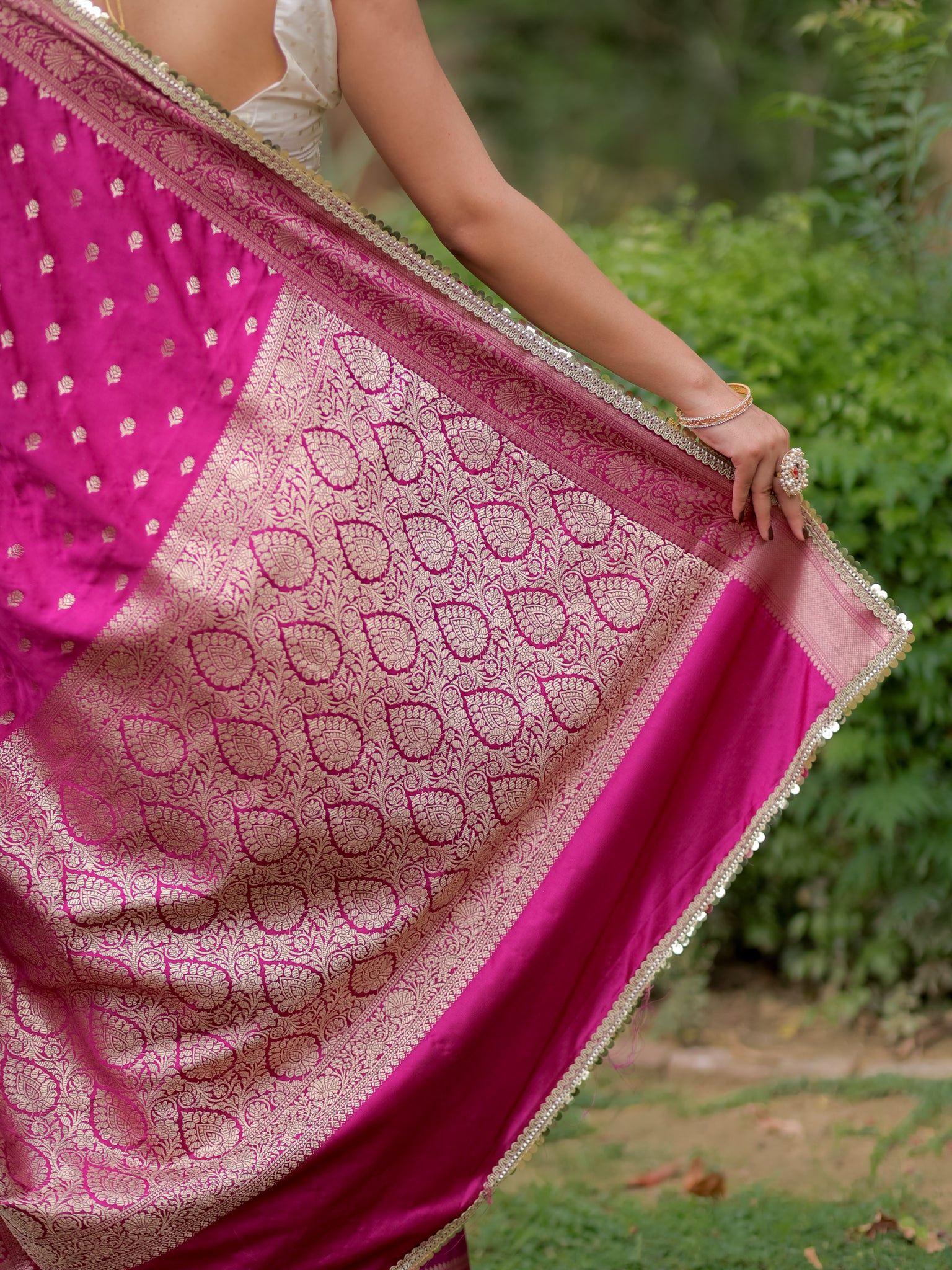 Banarasi Silk Saree With Buti Weaving & Lace Border- Purple