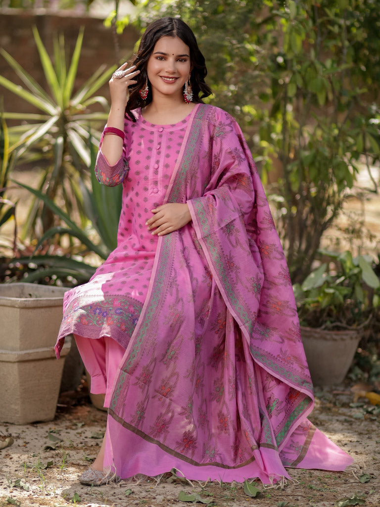 Readymade Banarasi Pure Cotton Silk Salwar Kameez-Pink