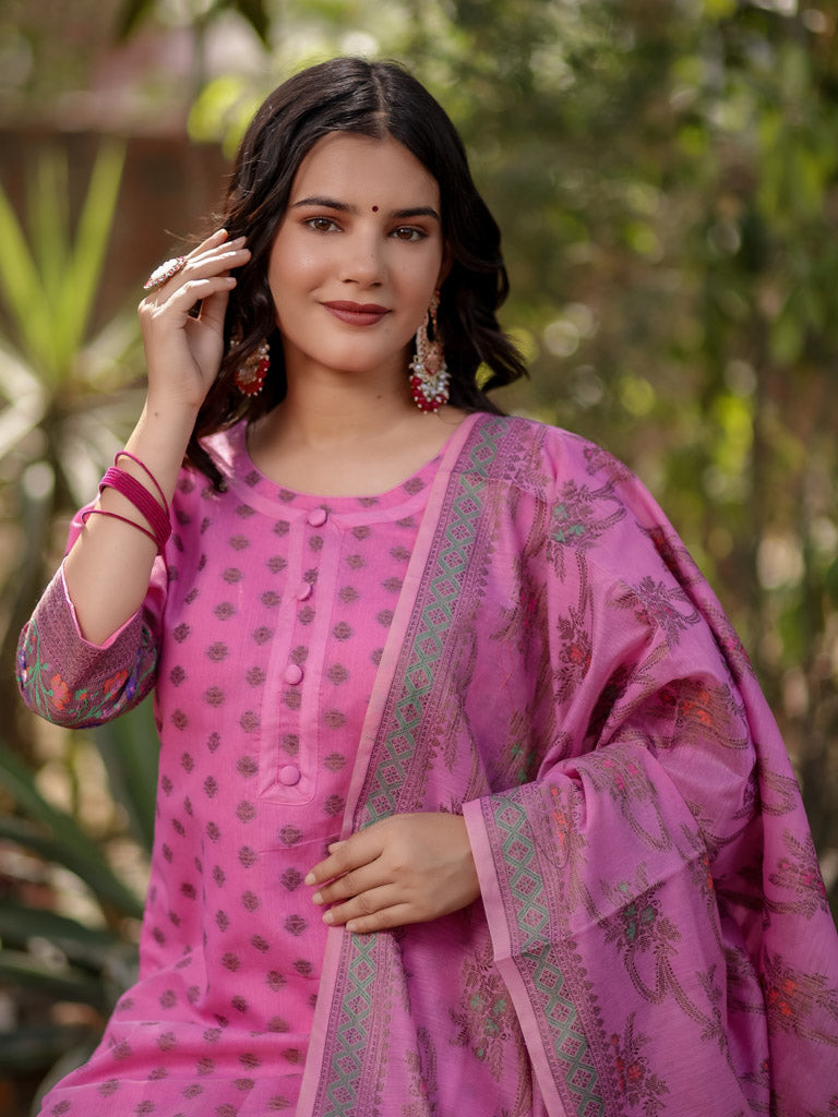 Readymade Banarasi Pure Cotton Silk Salwar Kameez-Pink