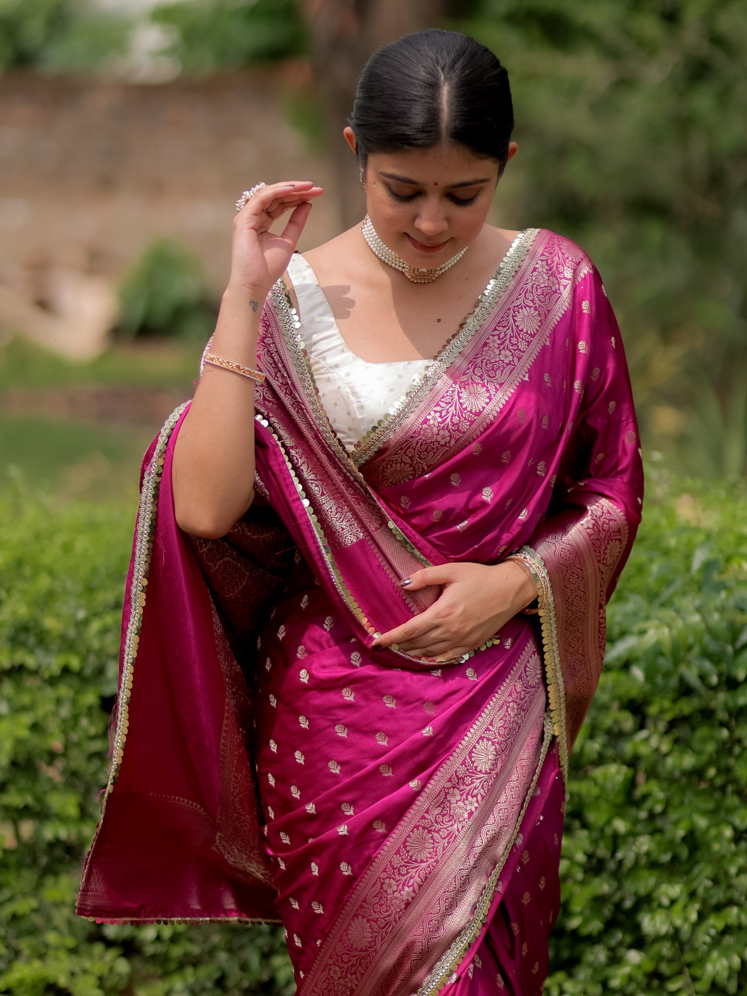 Banarasi Silk Saree With Buti Weaving & Lace Border- Purple