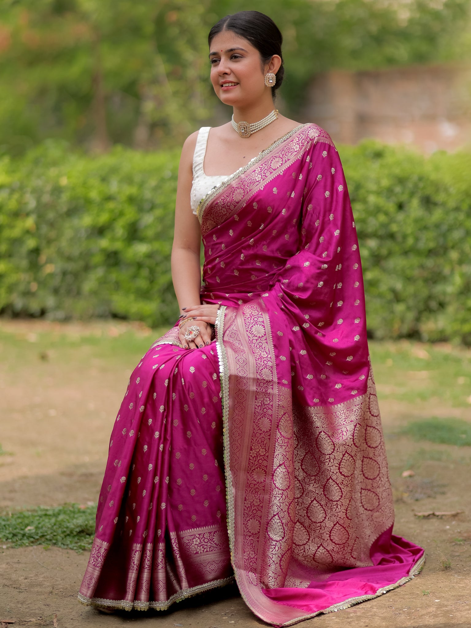 Banarasi Silk Saree With Buti Weaving & Lace Border- Purple