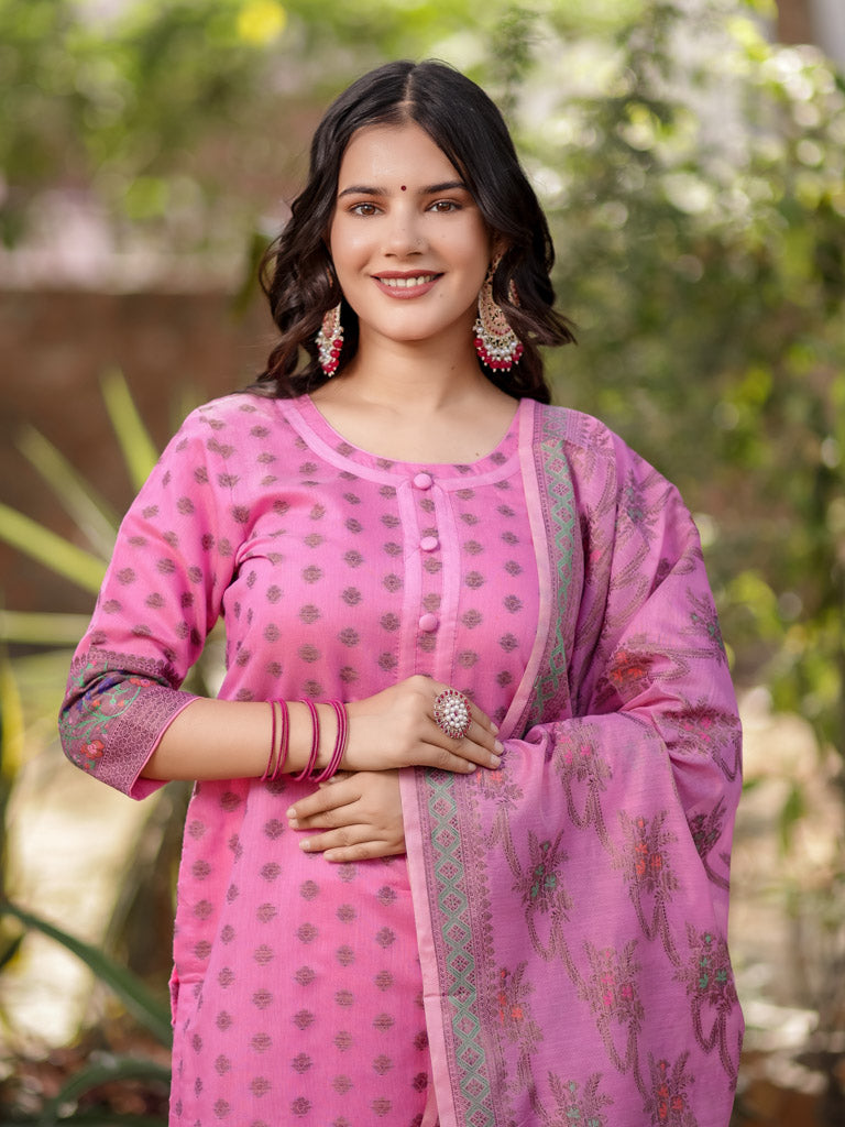 Readymade Banarasi Pure Cotton Silk Salwar Kameez-Pink