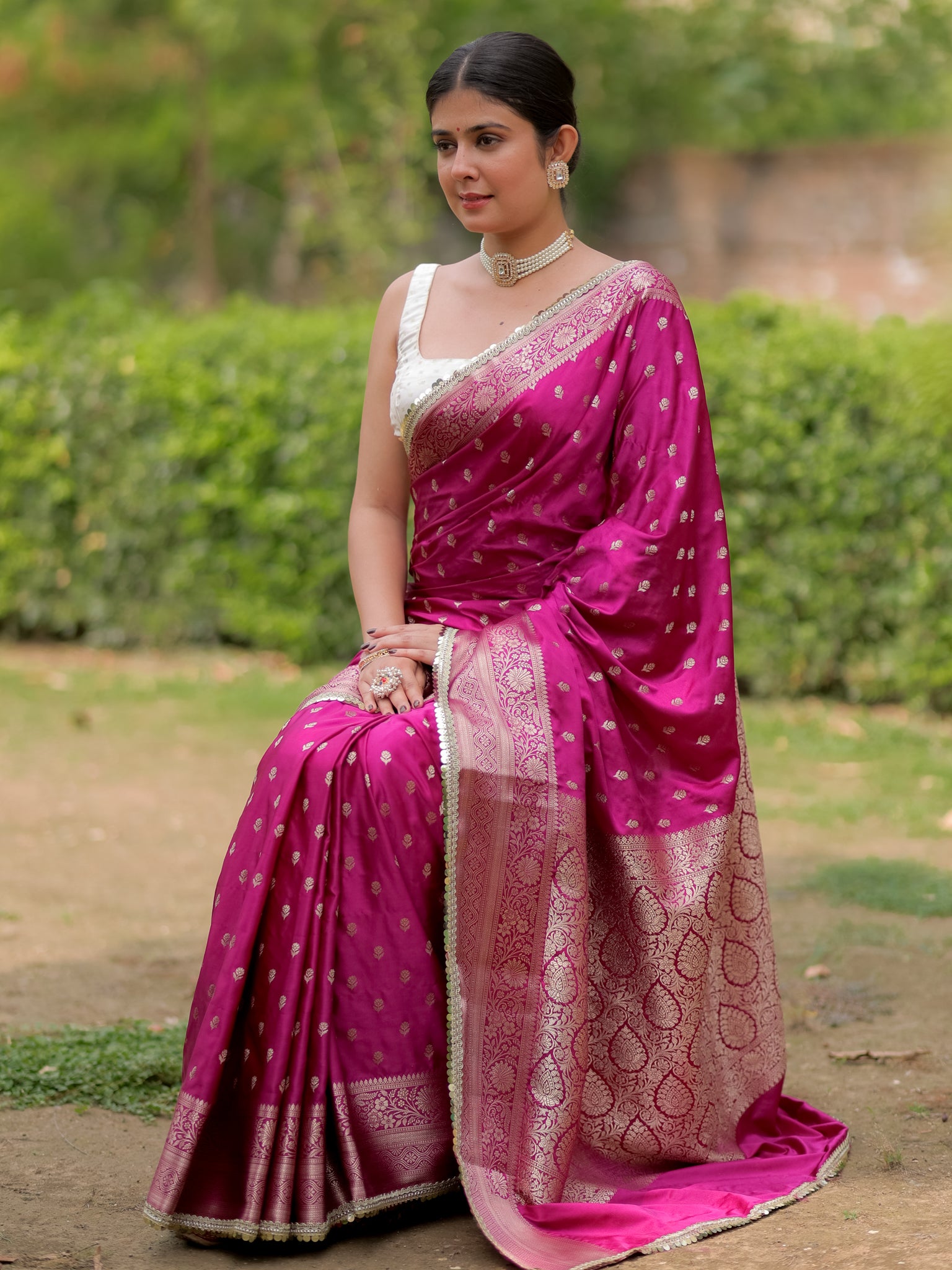 Banarasi Silk Saree With Buti Weaving & Lace Border- Purple