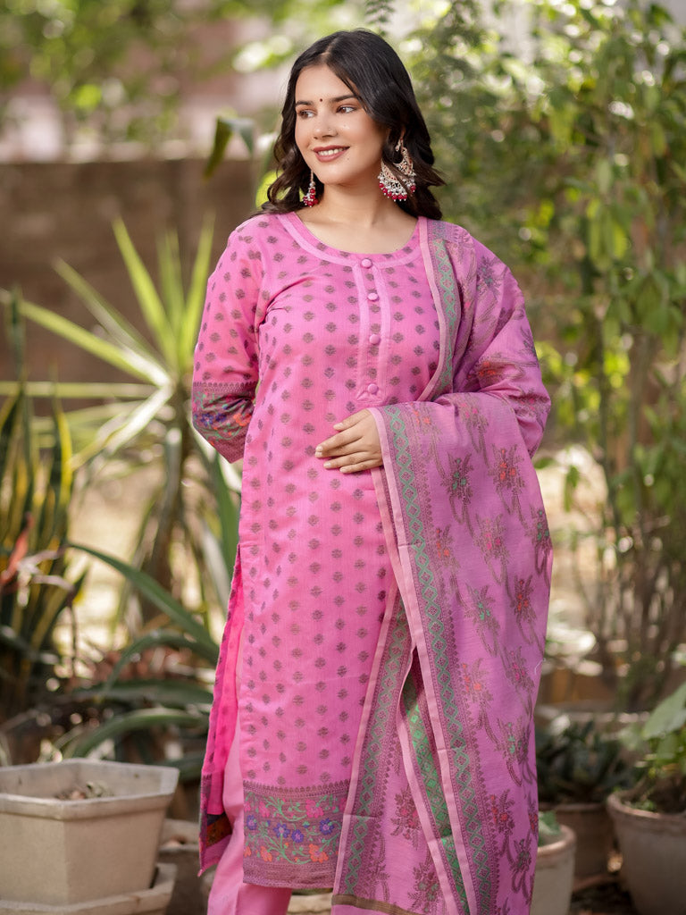Readymade Banarasi Pure Cotton Silk Salwar Kameez-Pink