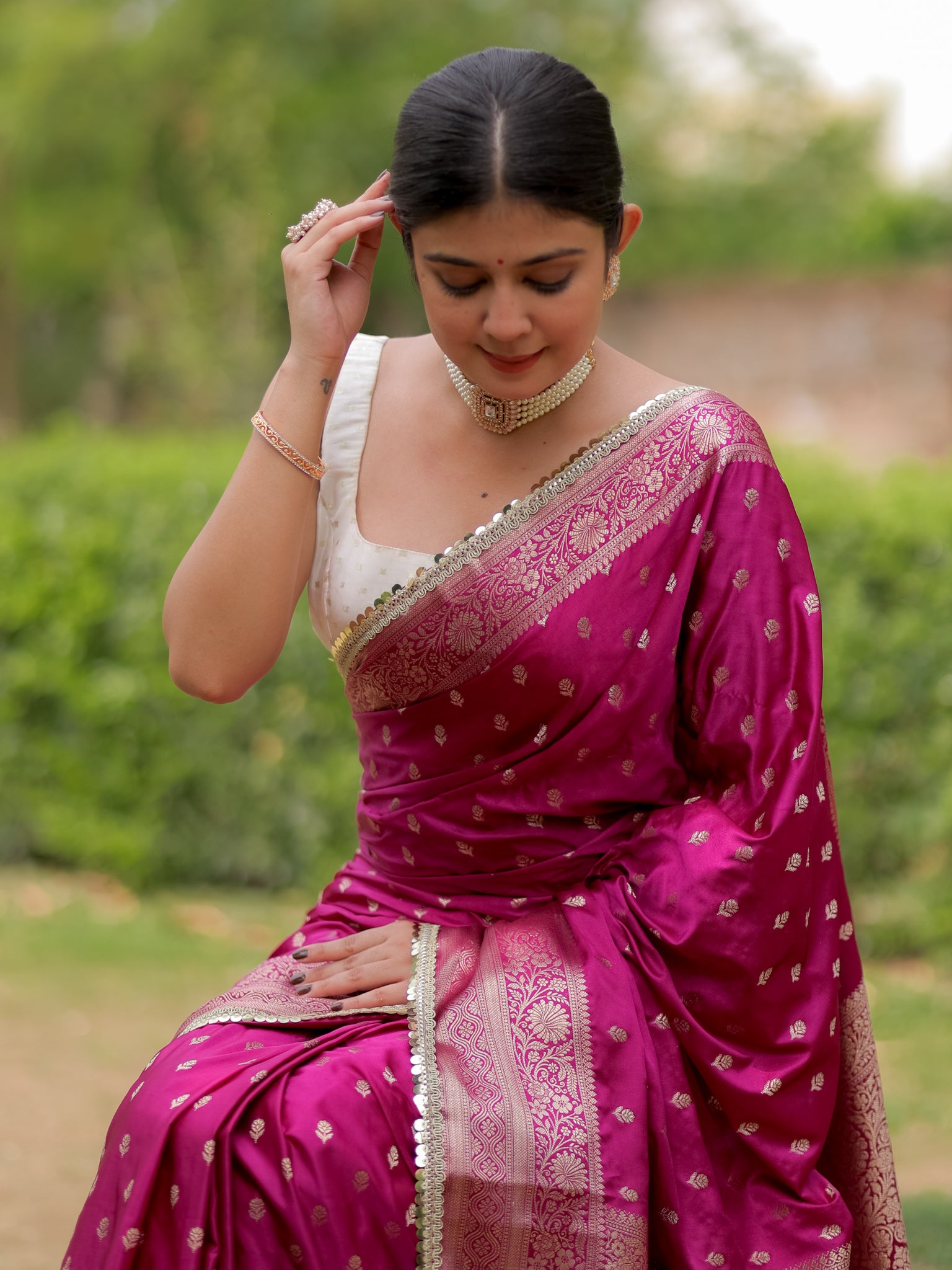Banarasi Silk Saree With Buti Weaving & Lace Border- Purple