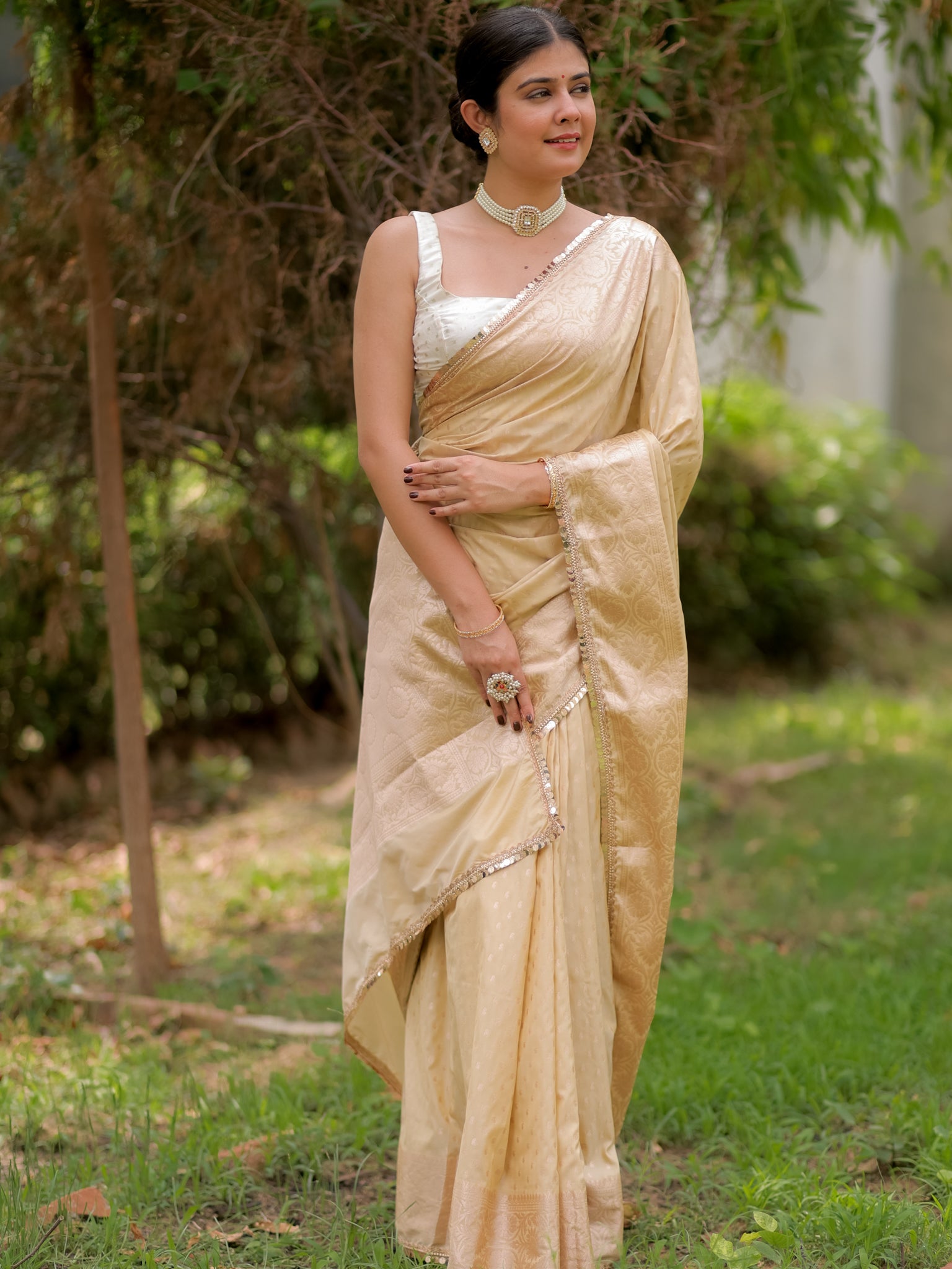 Banarasi Silk Saree With Buti Weaving & Lace Border- Beige
