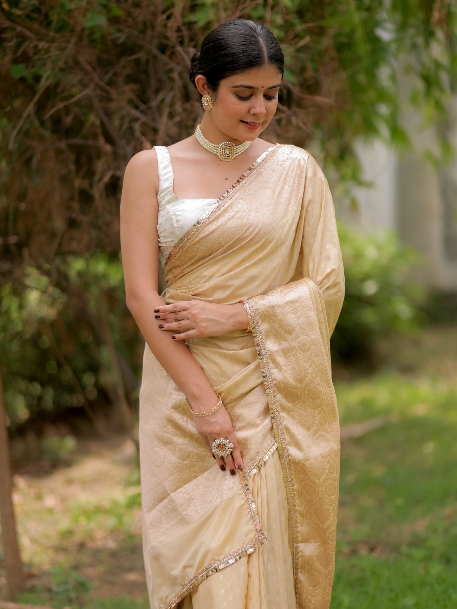 Banarasi Silk Saree With Buti Weaving & Lace Border- Beige