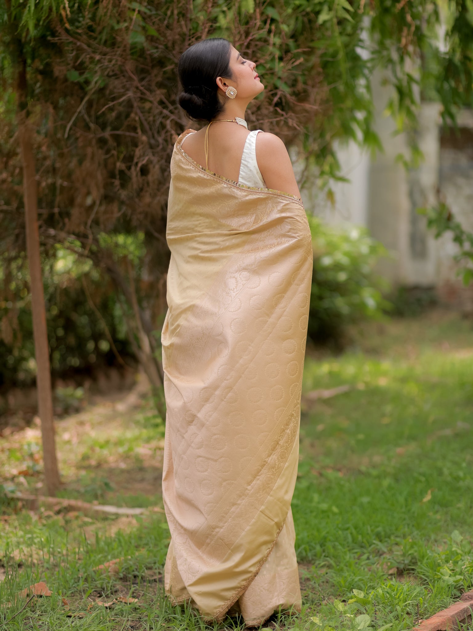 Banarasi Silk Saree With Buti Weaving & Lace Border- Beige