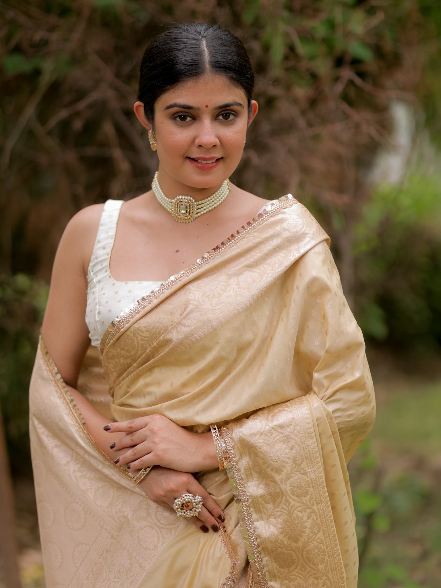 Banarasi Silk Saree With Buti Weaving & Lace Border- Beige