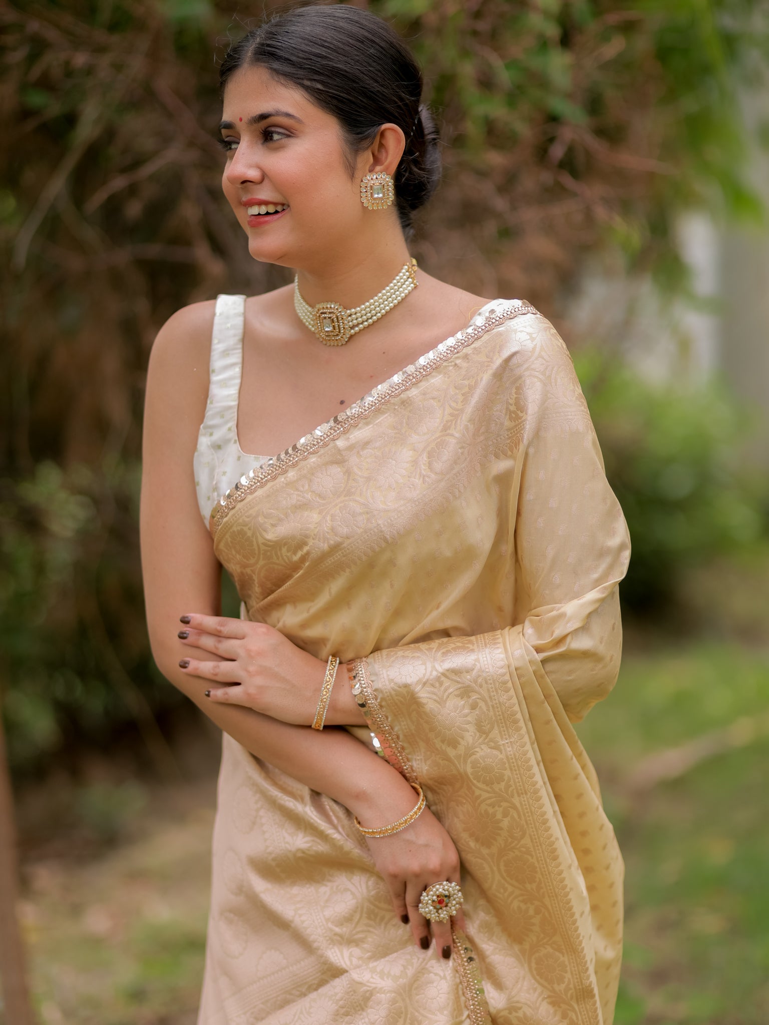 Banarasi Silk Saree With Buti Weaving & Lace Border- Beige