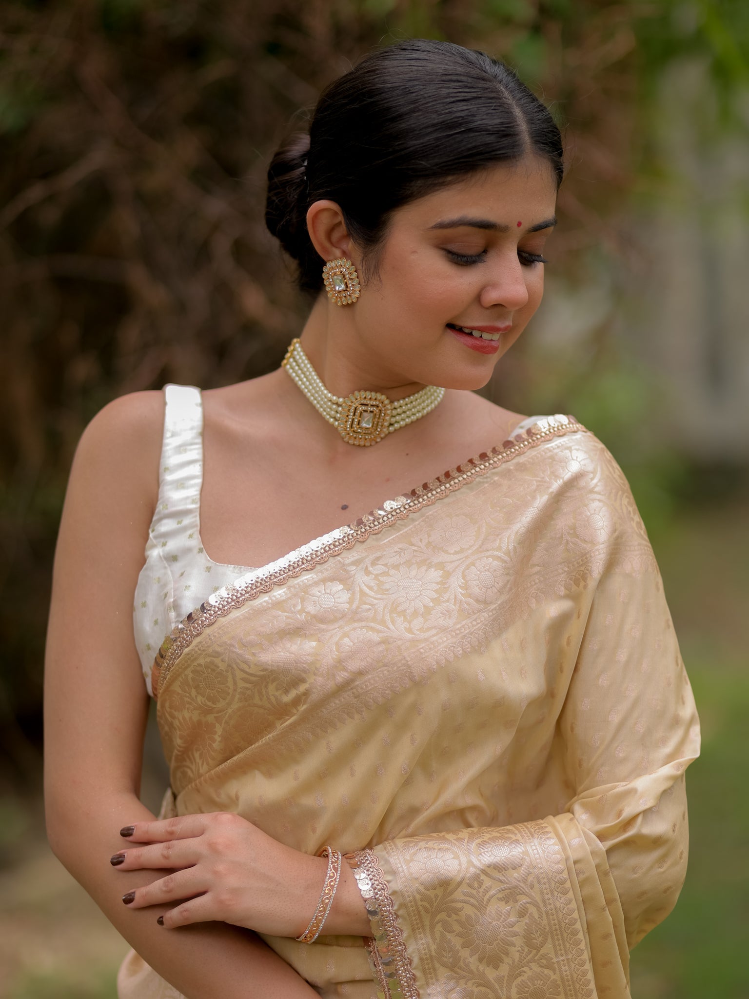 Banarasi Silk Saree With Buti Weaving & Lace Border- Beige