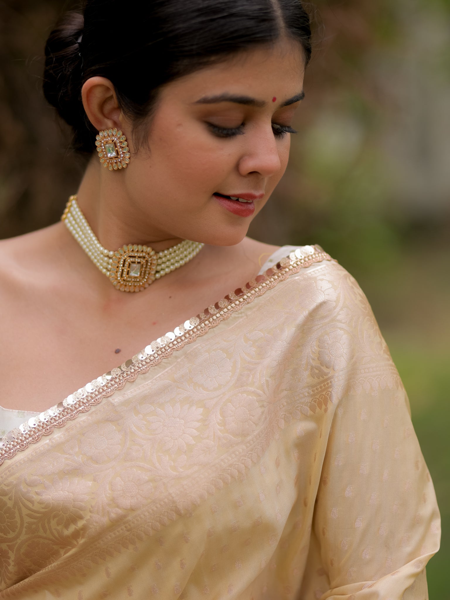 Banarasi Silk Saree With Buti Weaving & Lace Border- Beige
