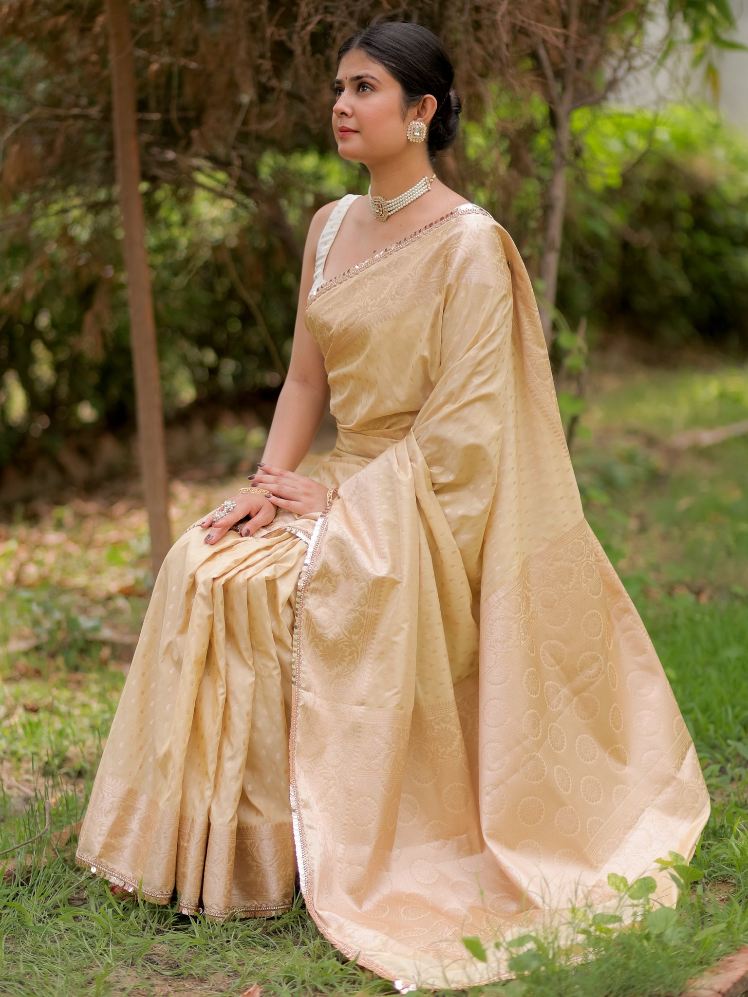 Banarasi Silk Saree With Buti Weaving & Lace Border- Beige