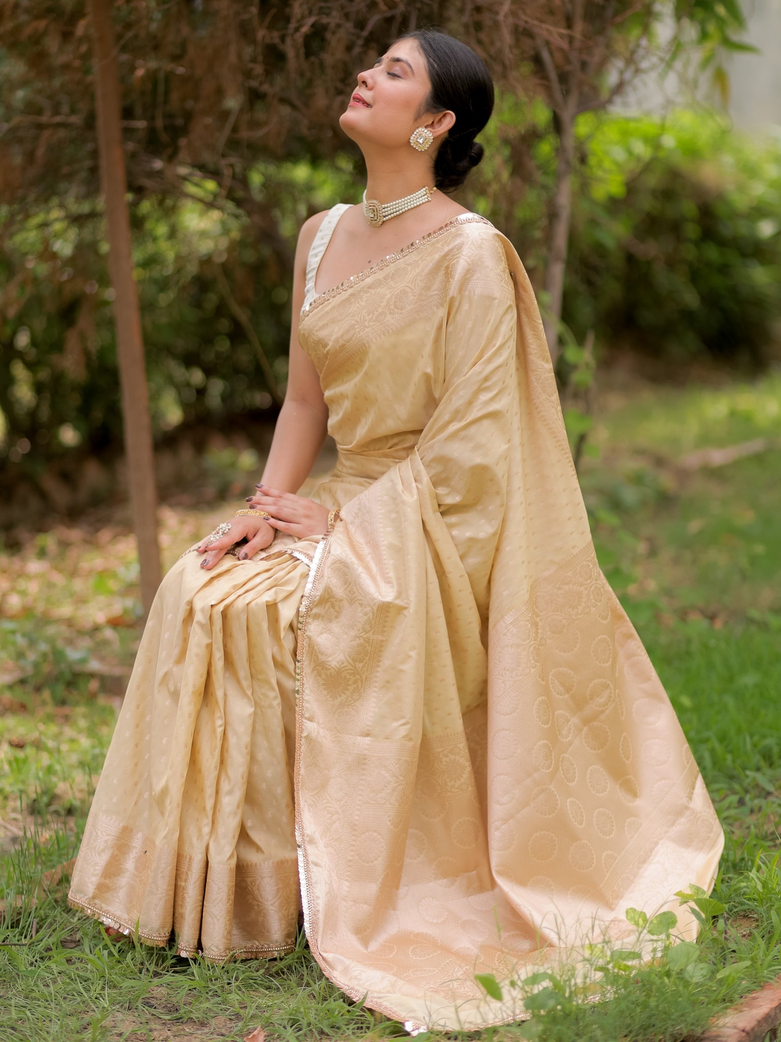 Banarasi Silk Saree With Buti Weaving & Lace Border- Beige