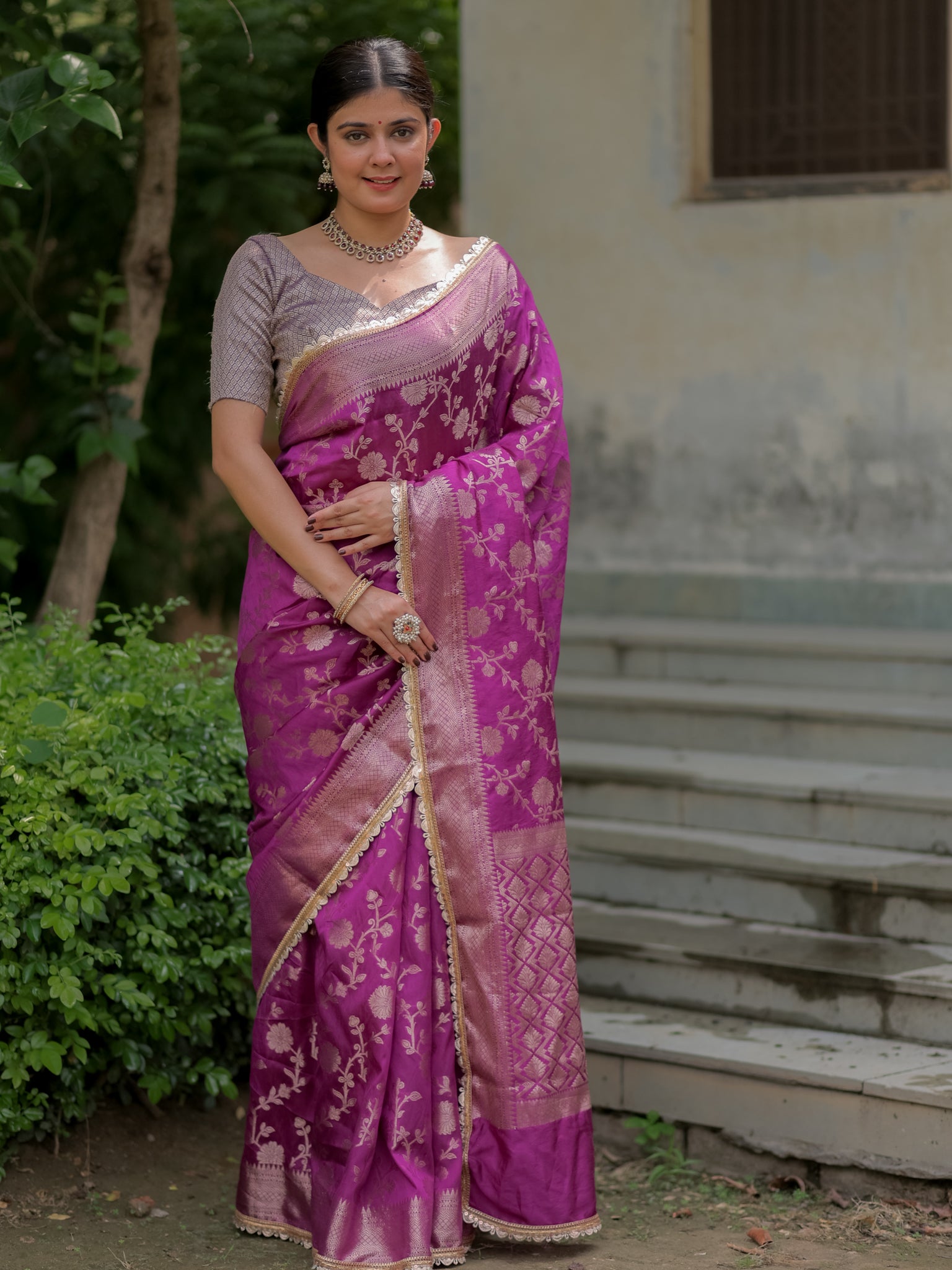 Banarasi Cotton Silk Saree With Floral Weaving & Lace Border- Violet