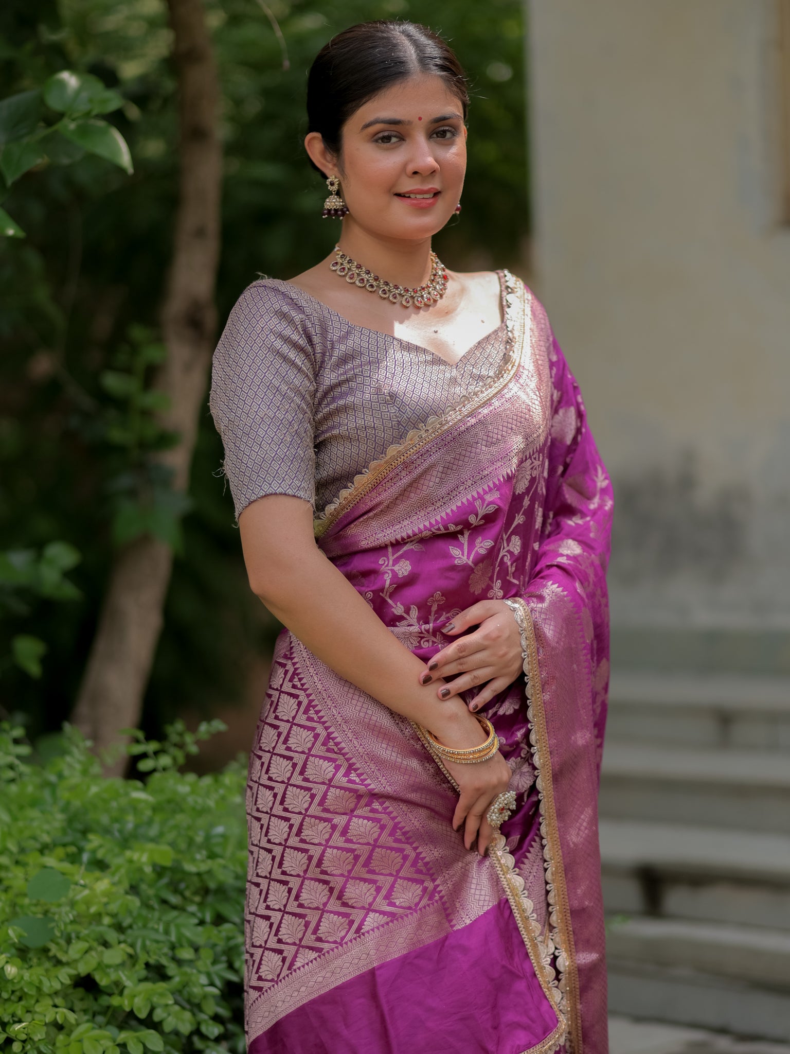 Banarasi Cotton Silk Saree With Floral Weaving & Lace Border- Violet