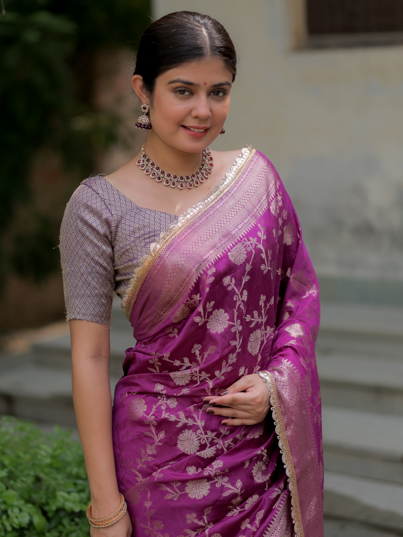 Banarasi Cotton Silk Saree With Floral Weaving & Lace Border- Violet