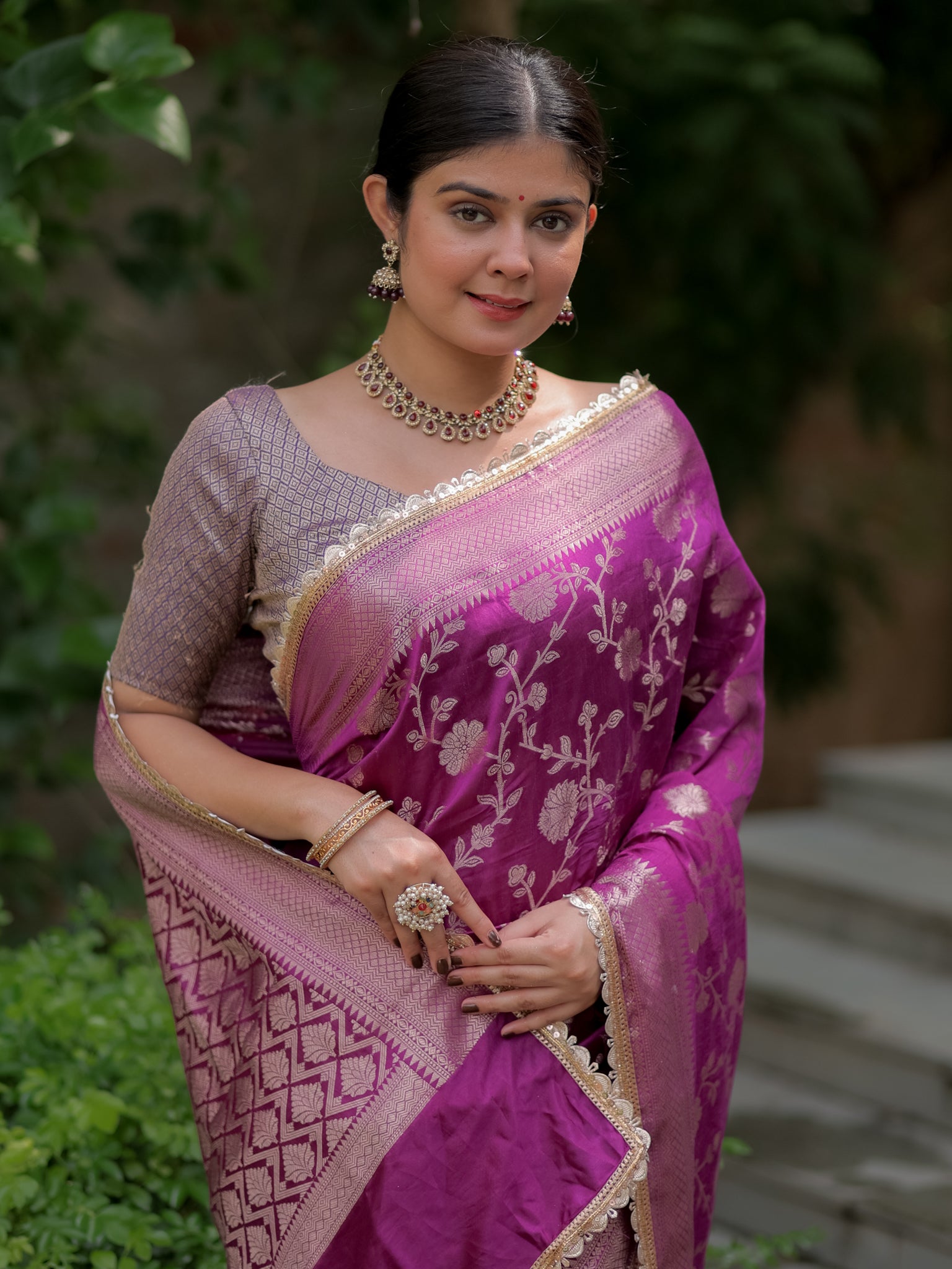 Banarasi Cotton Silk Saree With Floral Weaving & Lace Border- Violet