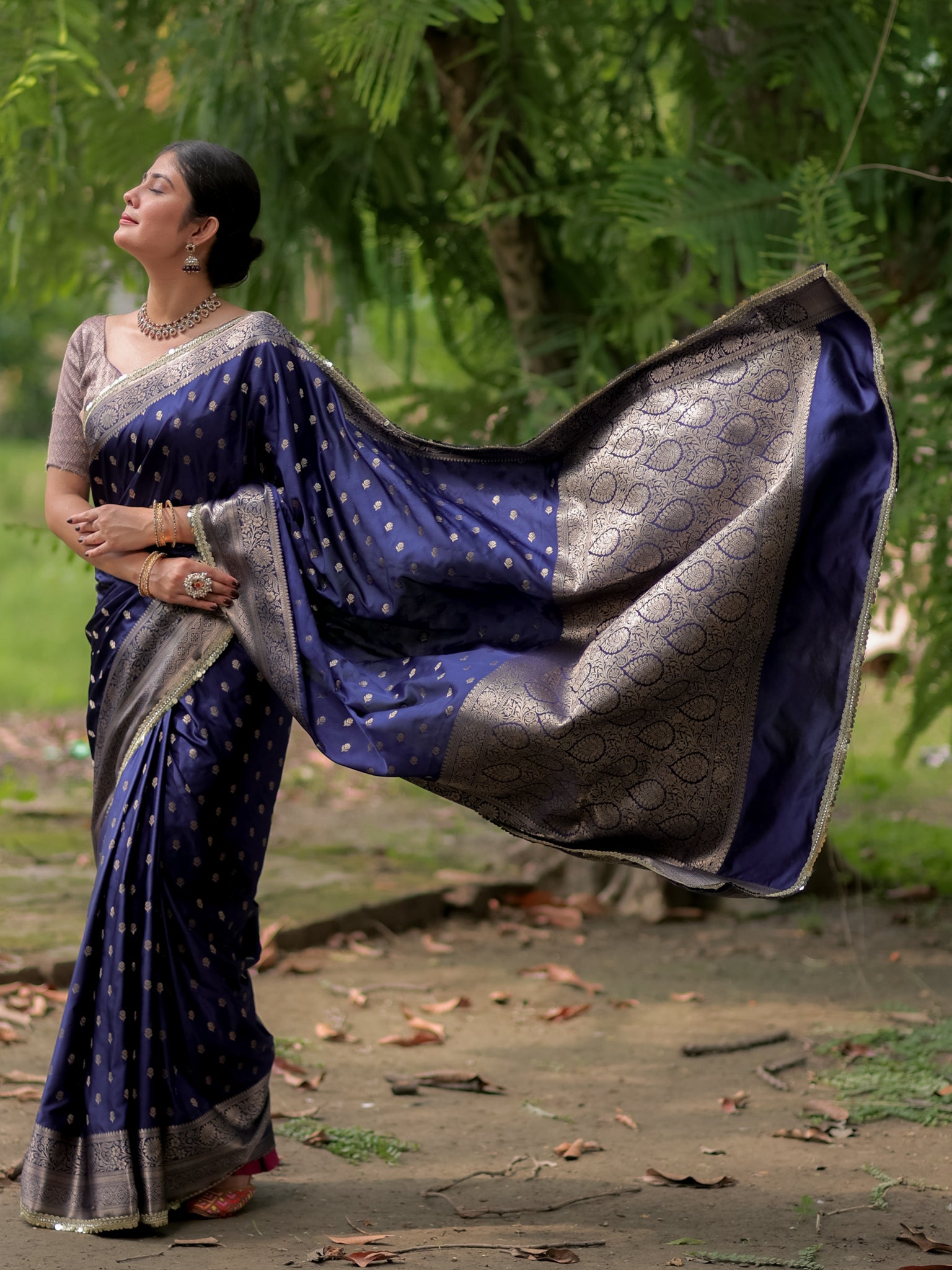 Banarasi Silk Saree With Buti Weaving & Lace Border- Blue