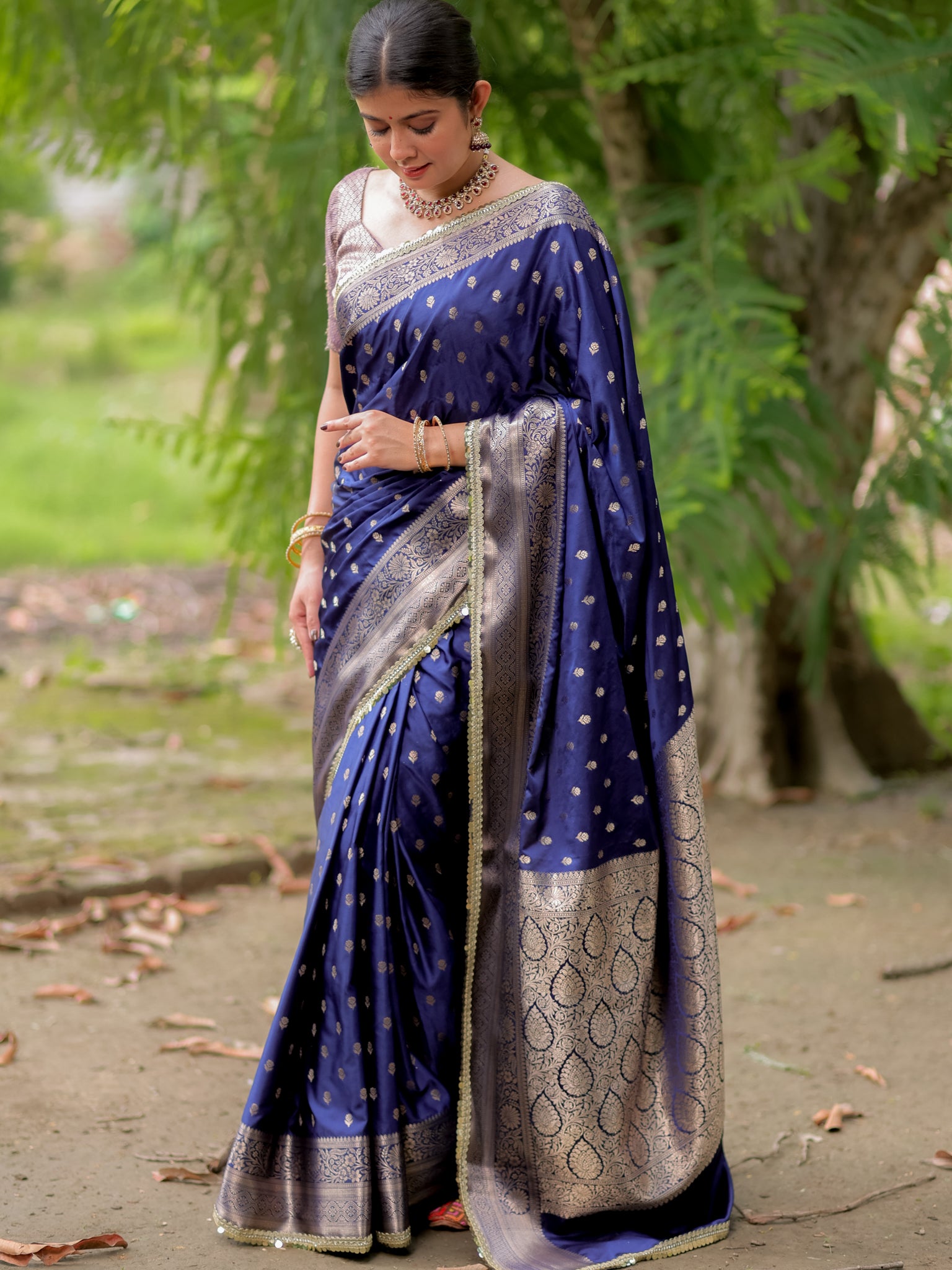 Banarasi Silk Saree With Buti Weaving & Lace Border- Blue