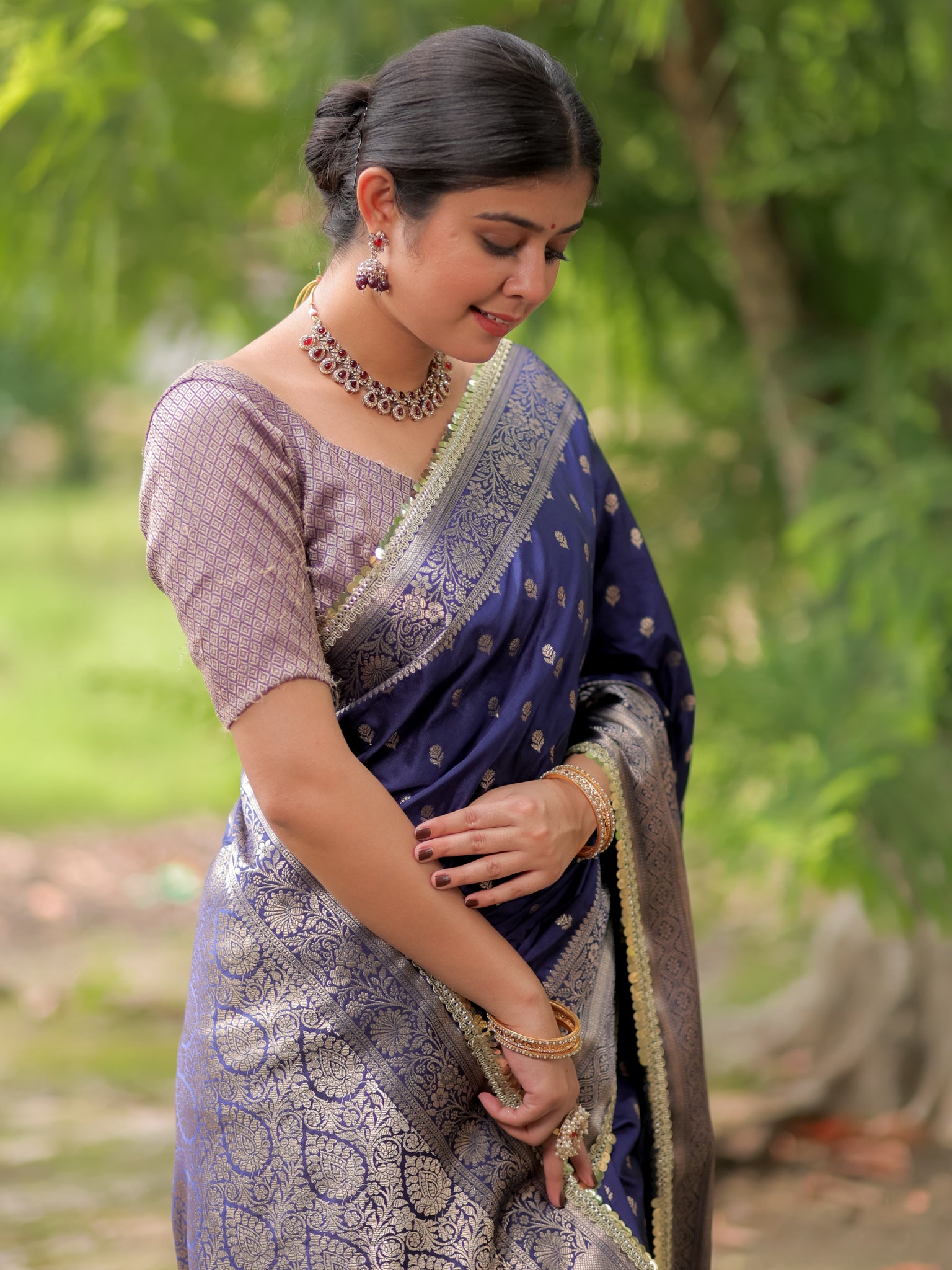 Banarasi Silk Saree With Buti Weaving & Lace Border- Blue