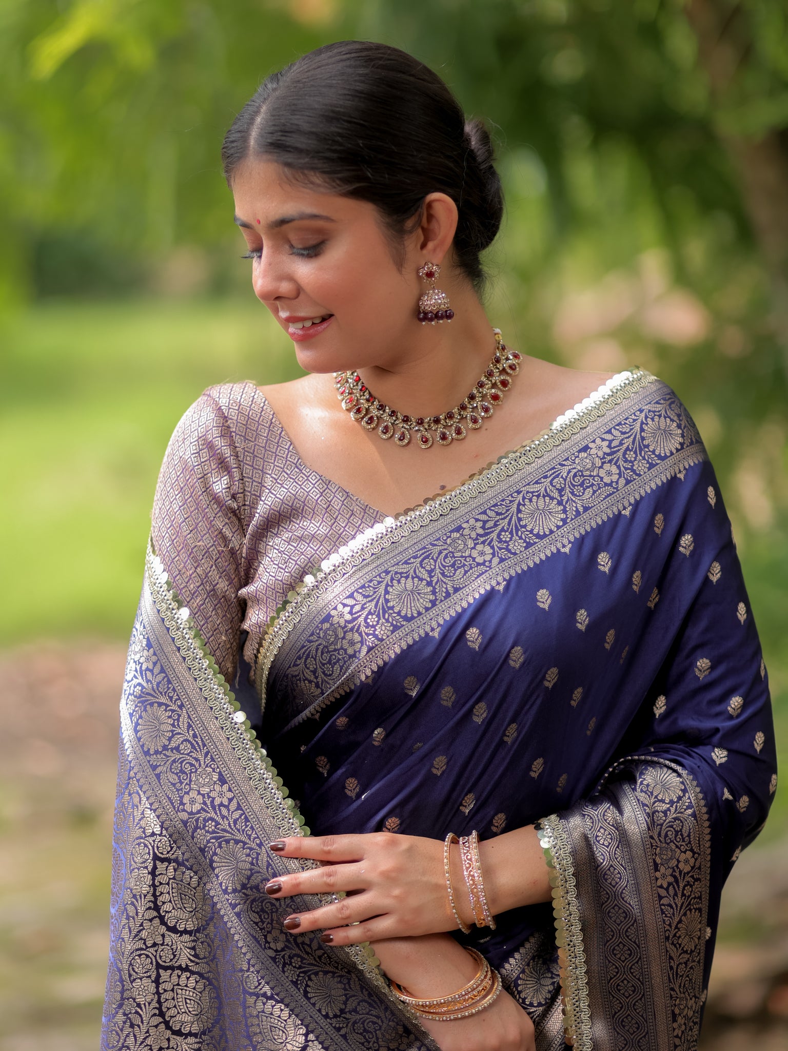 Banarasi Silk Saree With Buti Weaving & Lace Border- Blue