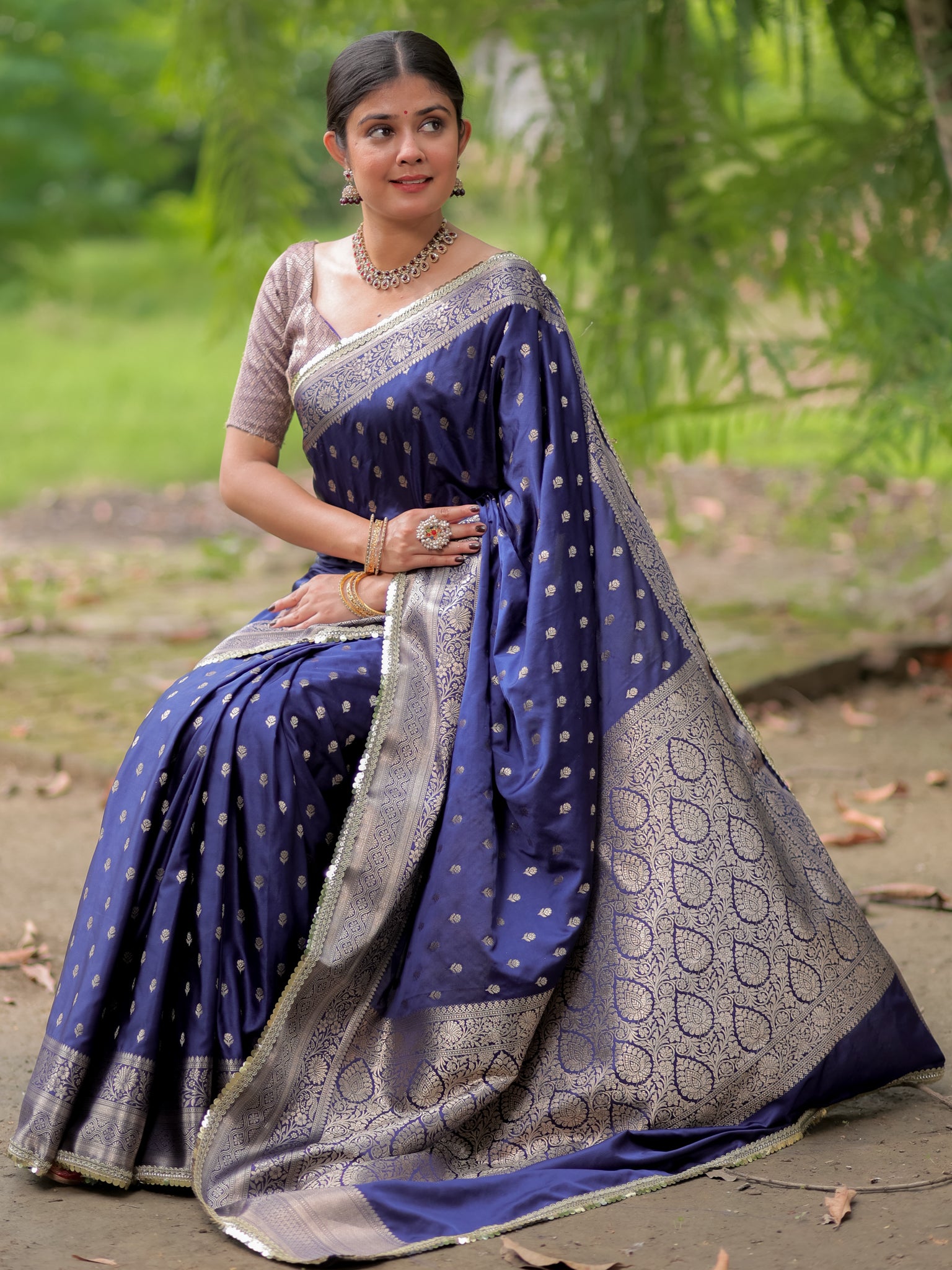 Banarasi Silk Saree With Buti Weaving & Lace Border- Blue