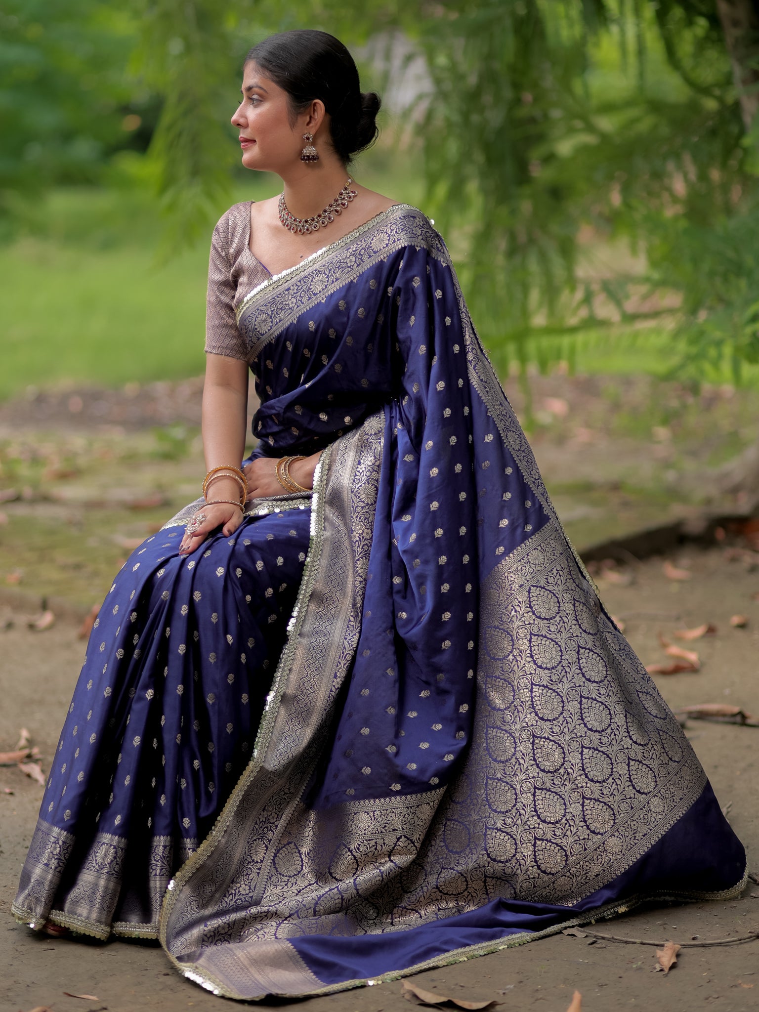 Banarasi Silk Saree With Buti Weaving & Lace Border- Blue