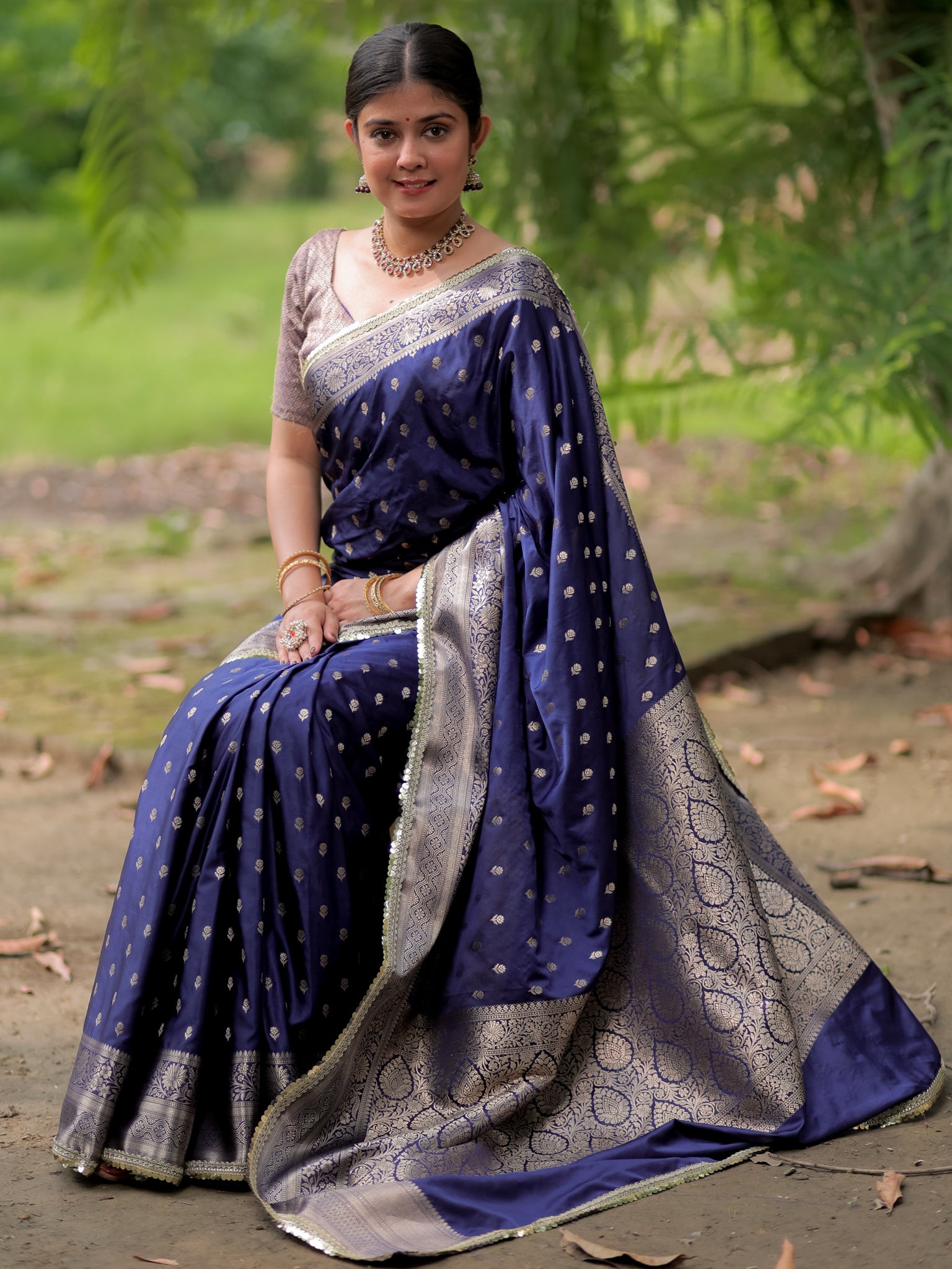 Banarasi Silk Saree With Buti Weaving & Lace Border- Blue