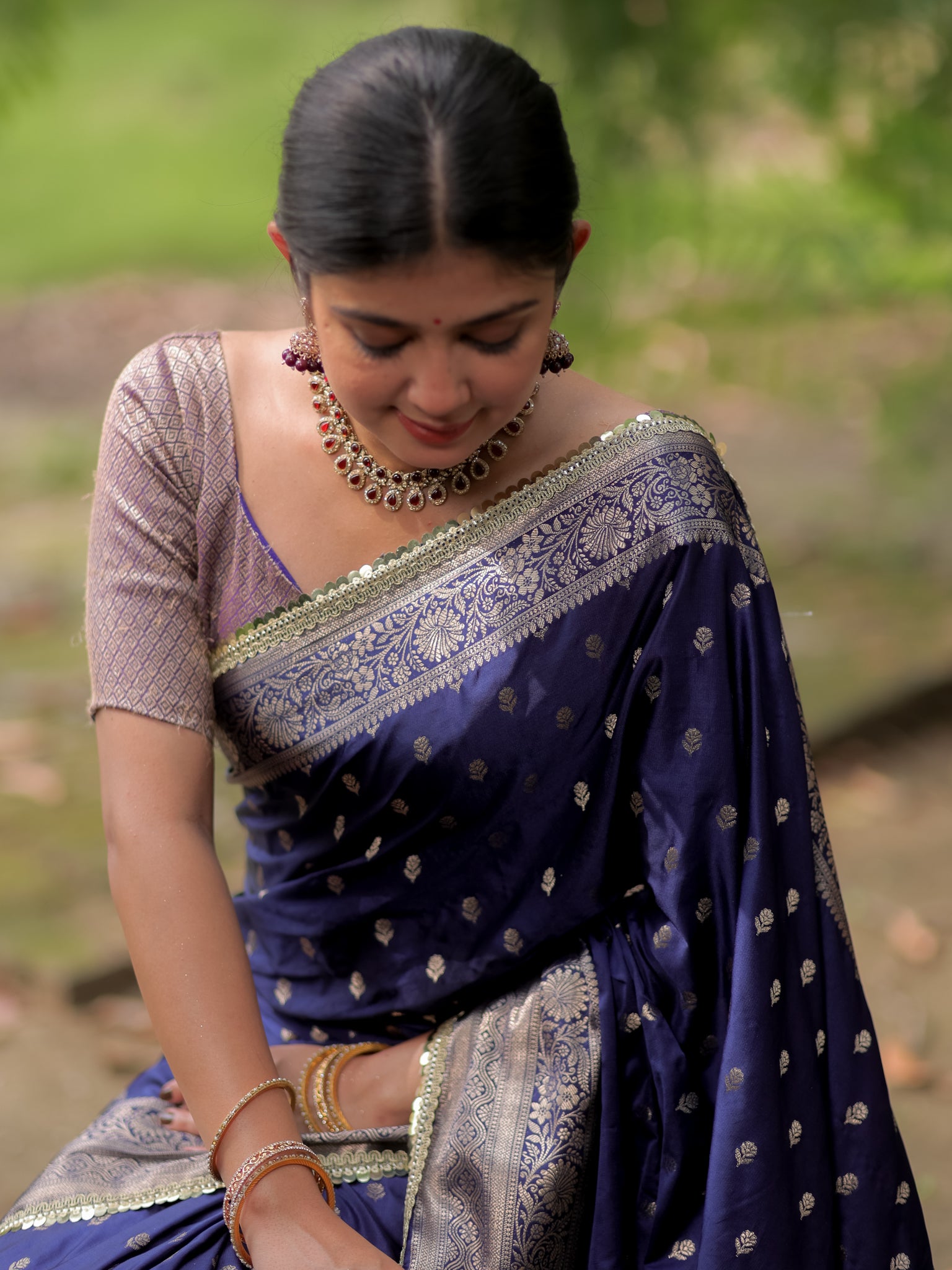 Banarasi Silk Saree With Buti Weaving & Lace Border- Blue