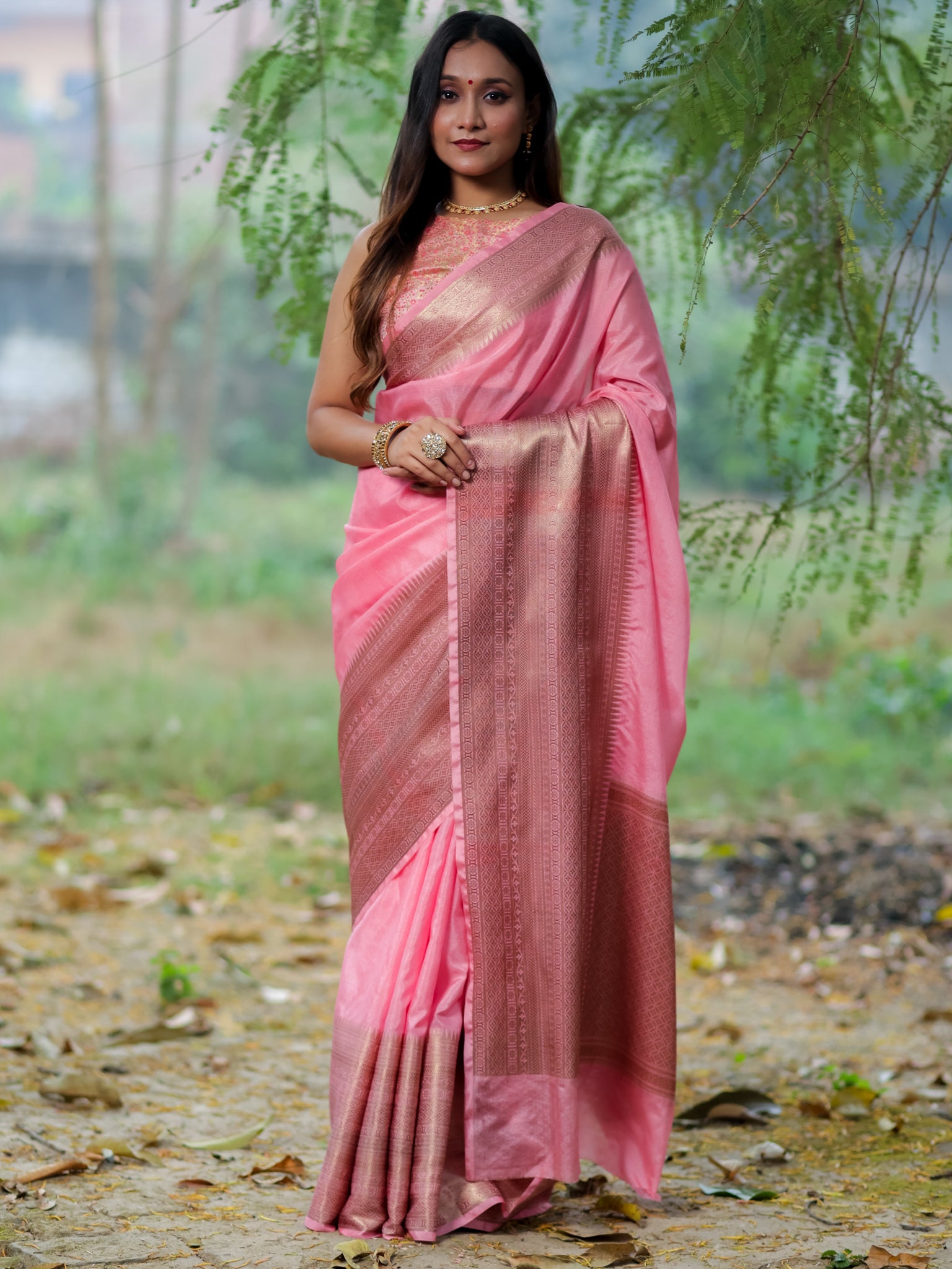 Banarasi Semi Silk Saree With Zari Weaving & Skirt Border-Pink