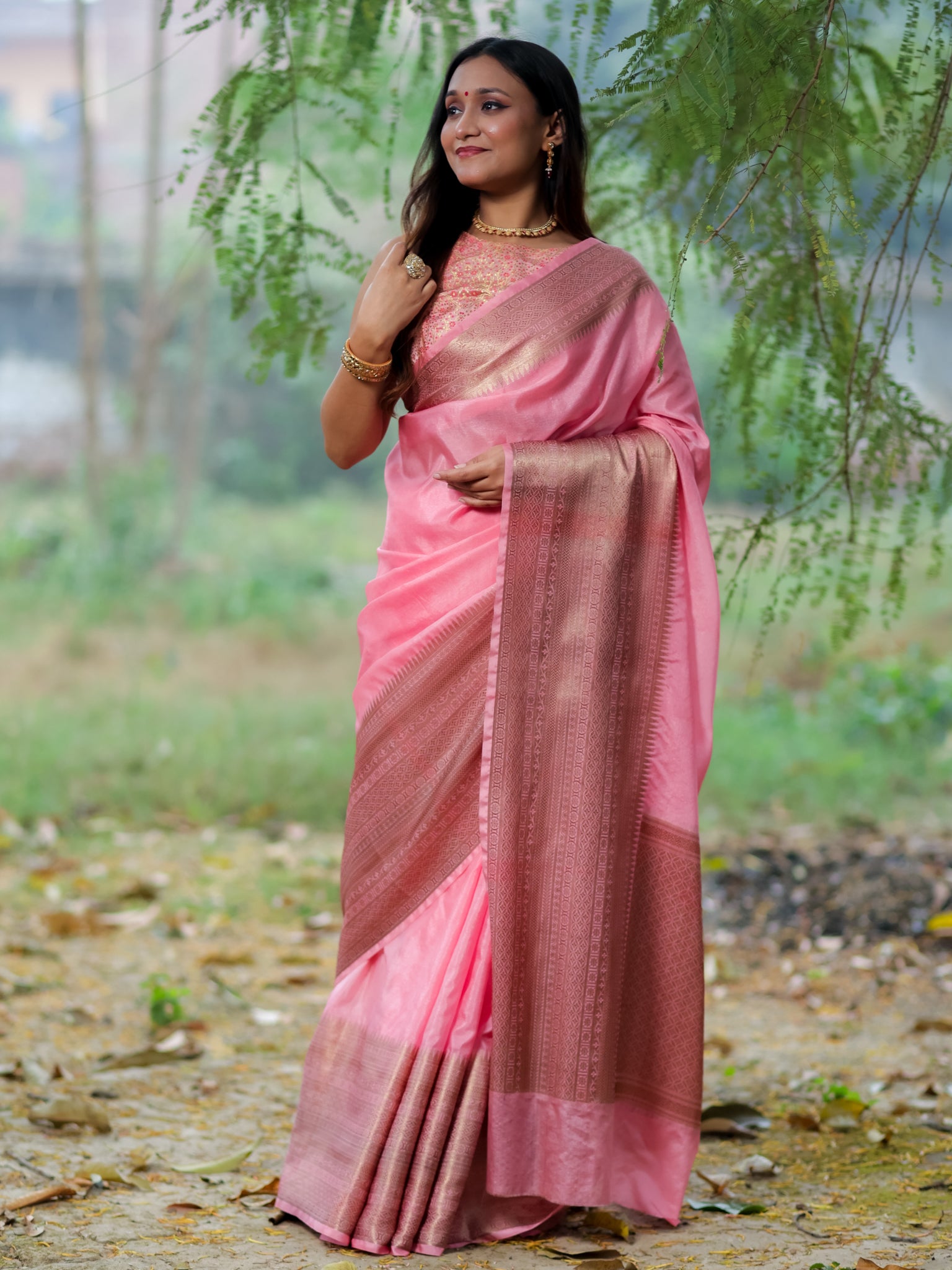 Banarasi Semi Silk Saree With Zari Weaving & Skirt Border-Pink