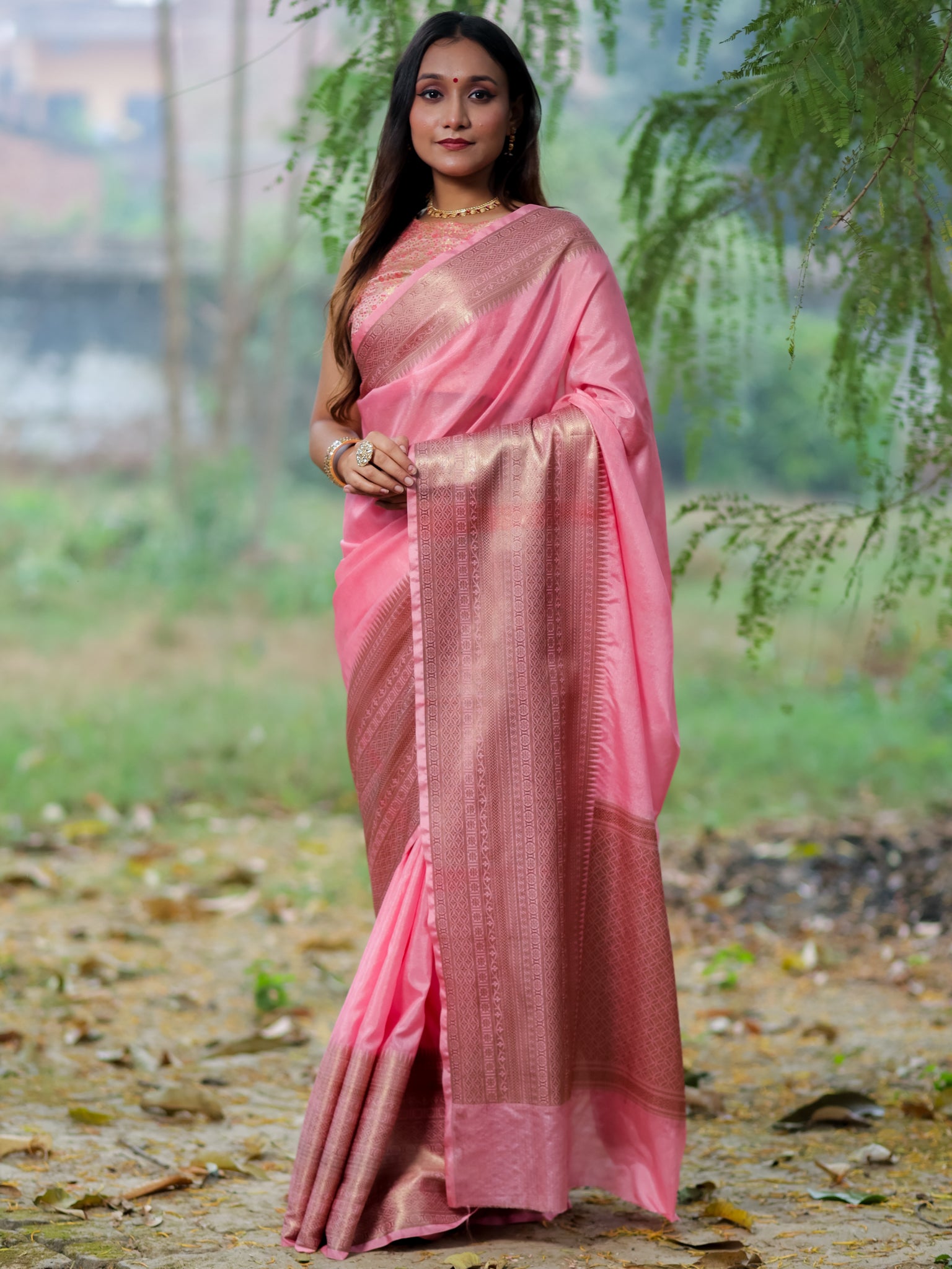 Banarasi Semi Silk Saree With Zari Weaving & Skirt Border-Pink