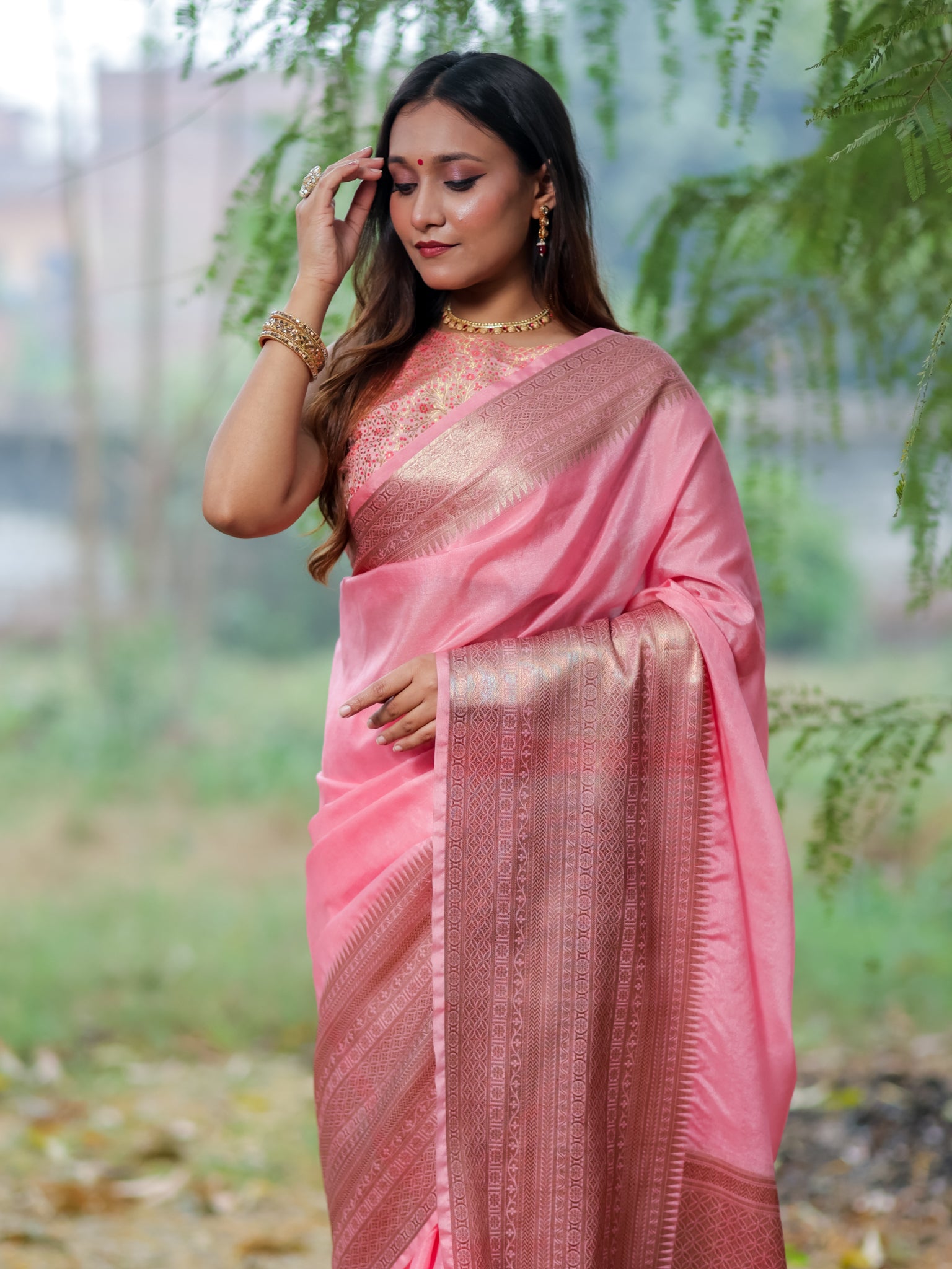 Banarasi Semi Silk Saree With Zari Weaving & Skirt Border-Pink