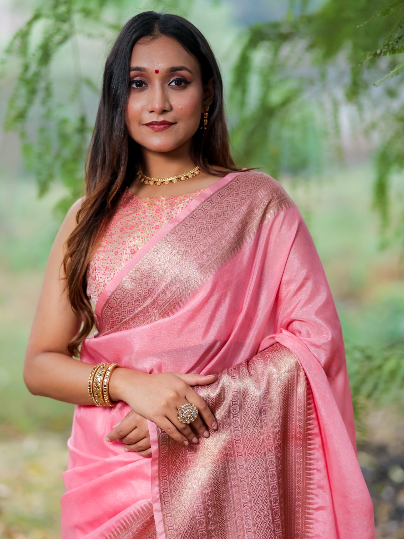 Banarasi Semi Silk Saree With Zari Weaving & Skirt Border-Pink