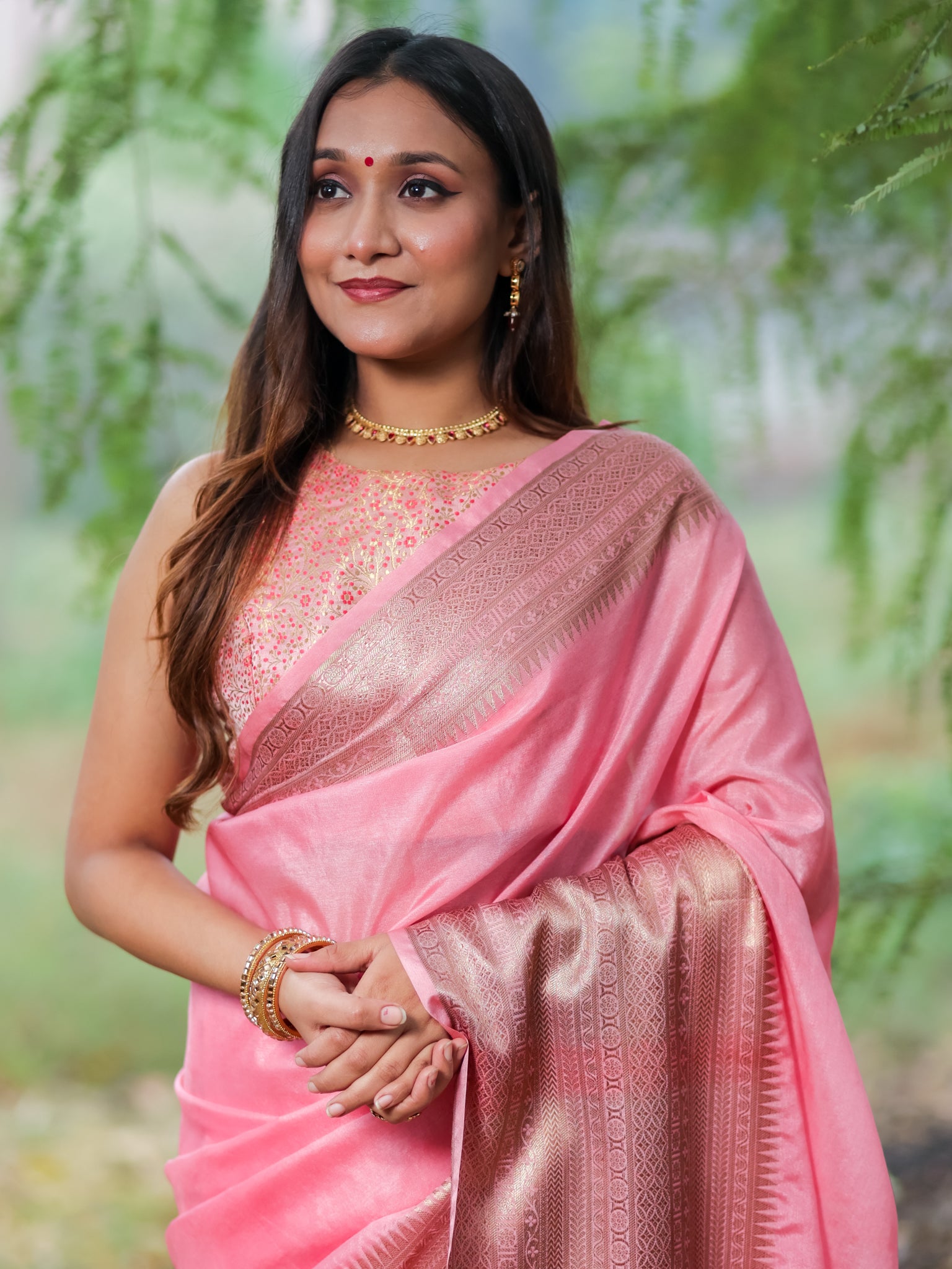 Banarasi Semi Silk Saree With Zari Weaving & Skirt Border-Pink