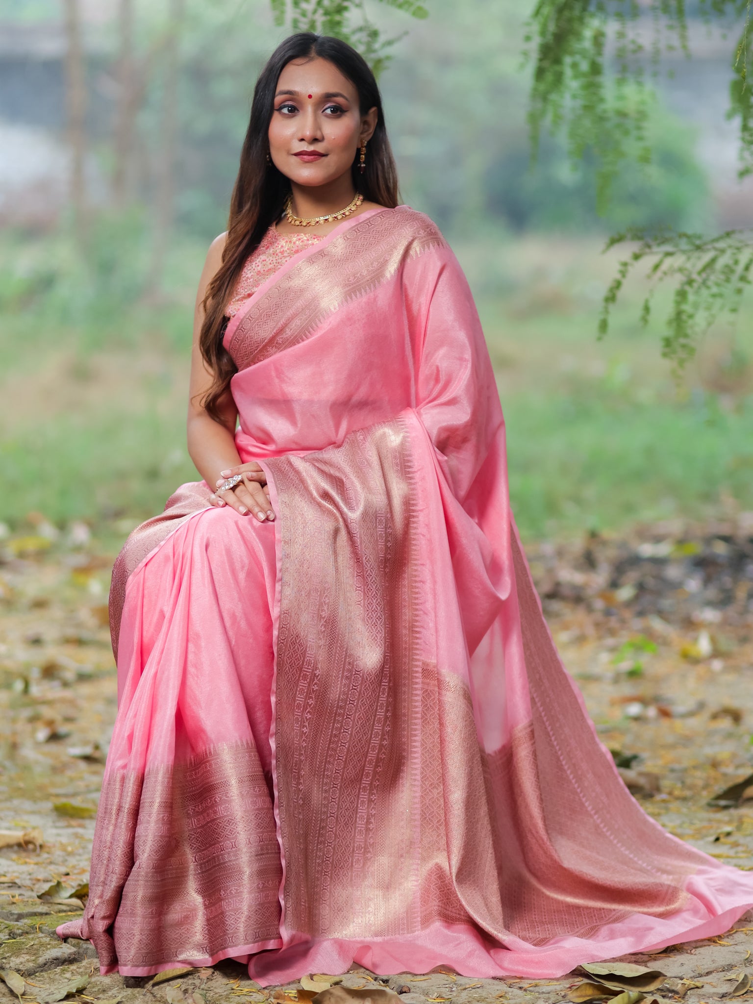 Banarasi Semi Silk Saree With Zari Weaving & Skirt Border-Pink