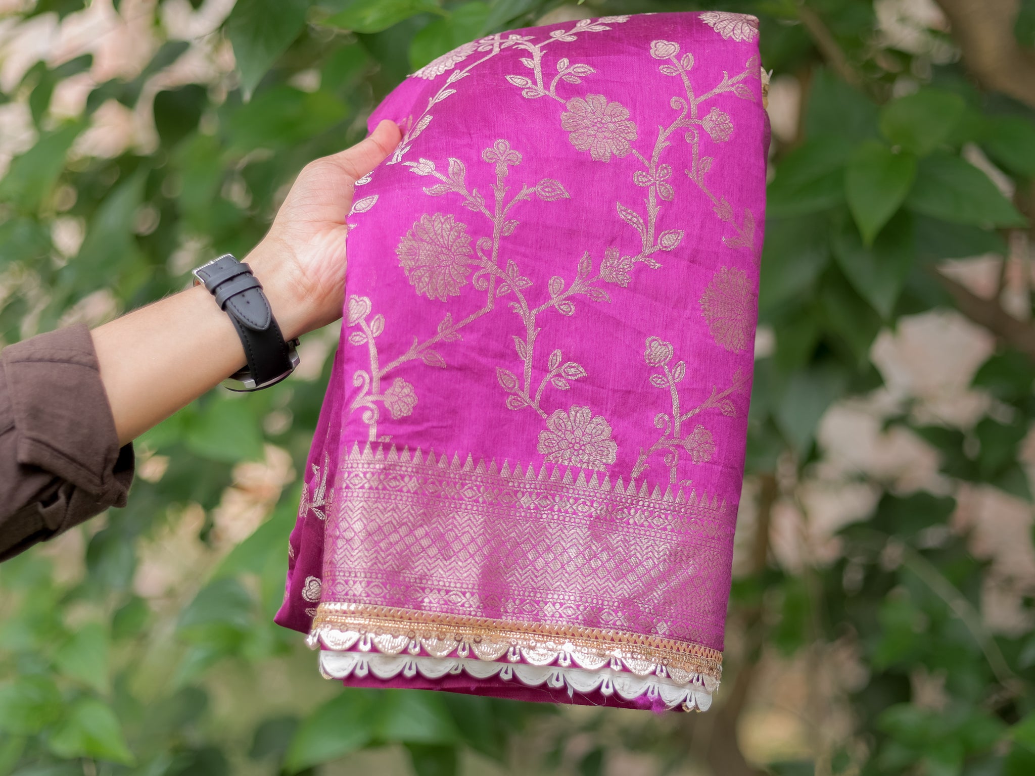 Banarasi Cotton Silk Saree With Floral Weaving & Lace Border- Violet