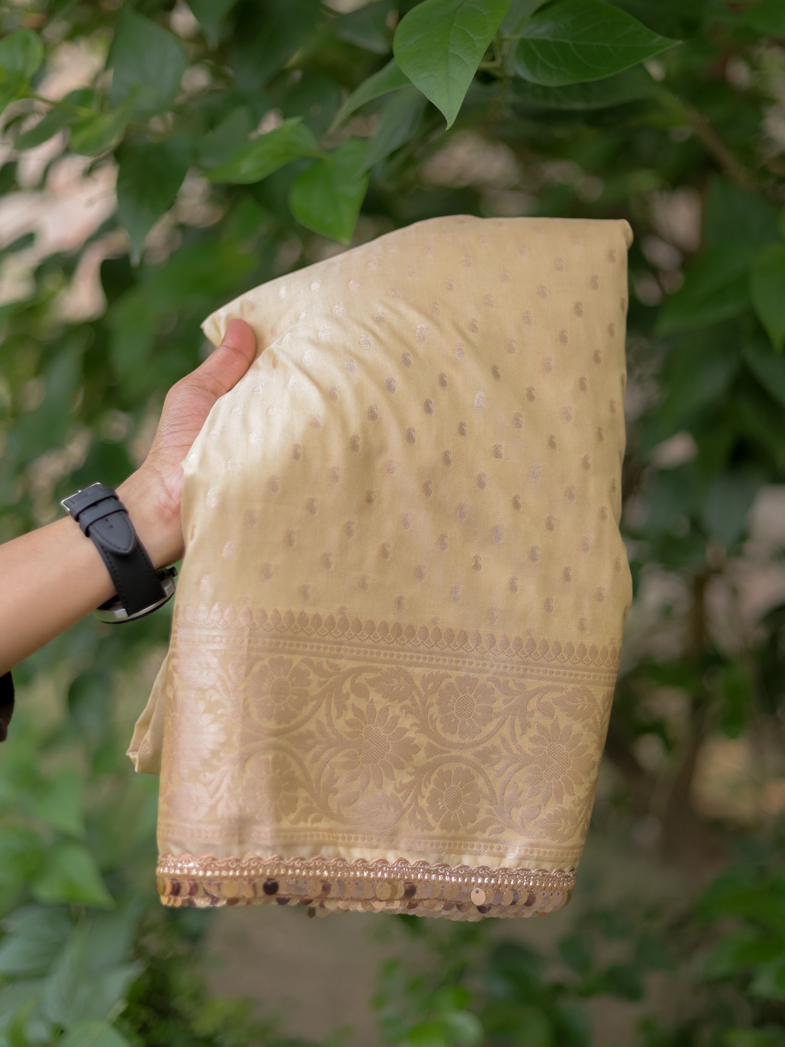 Banarasi Silk Saree With Buti Weaving & Lace Border- Beige