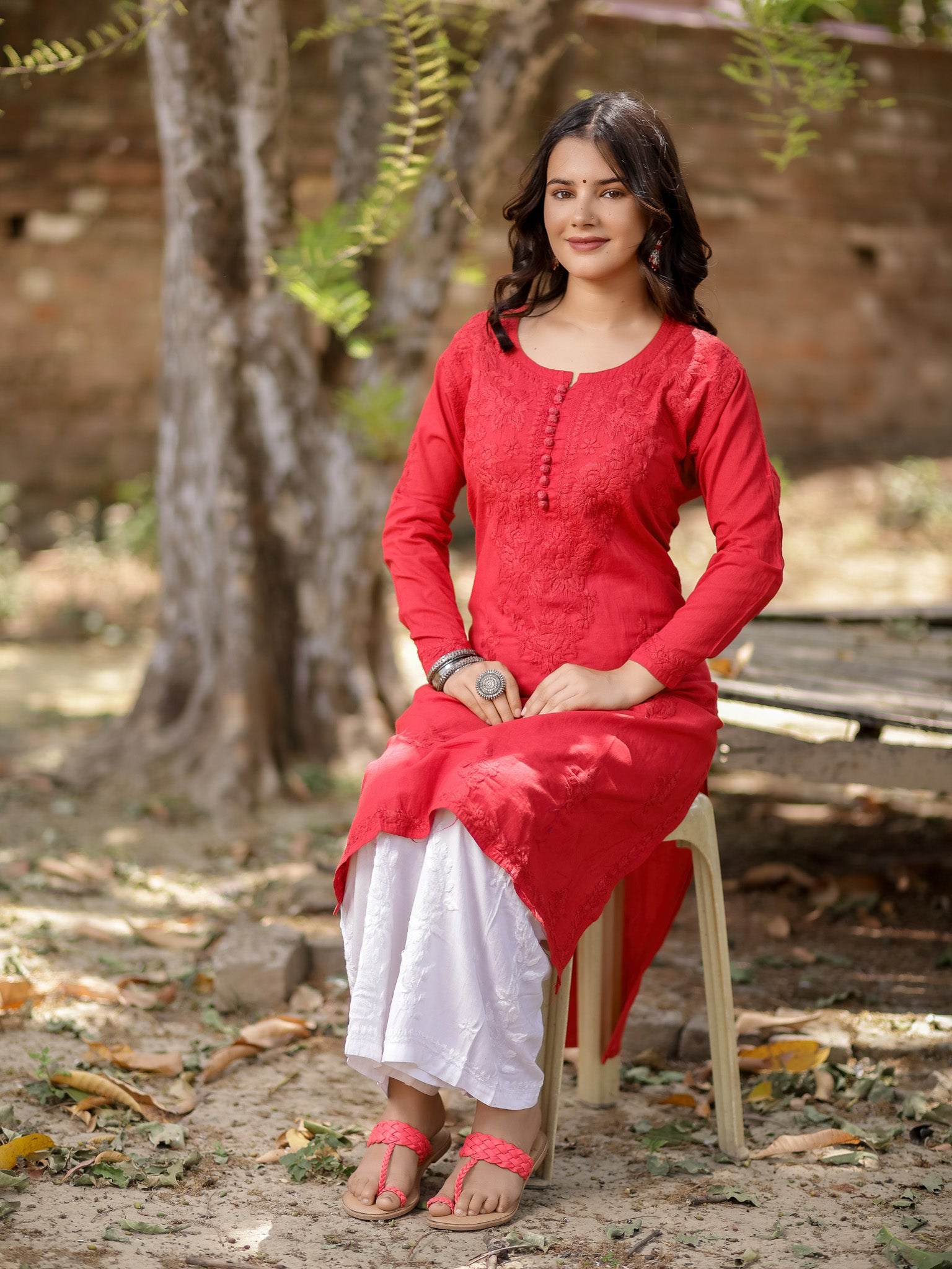 Readymade Floral Self Chikankari Modal Kurti-Red