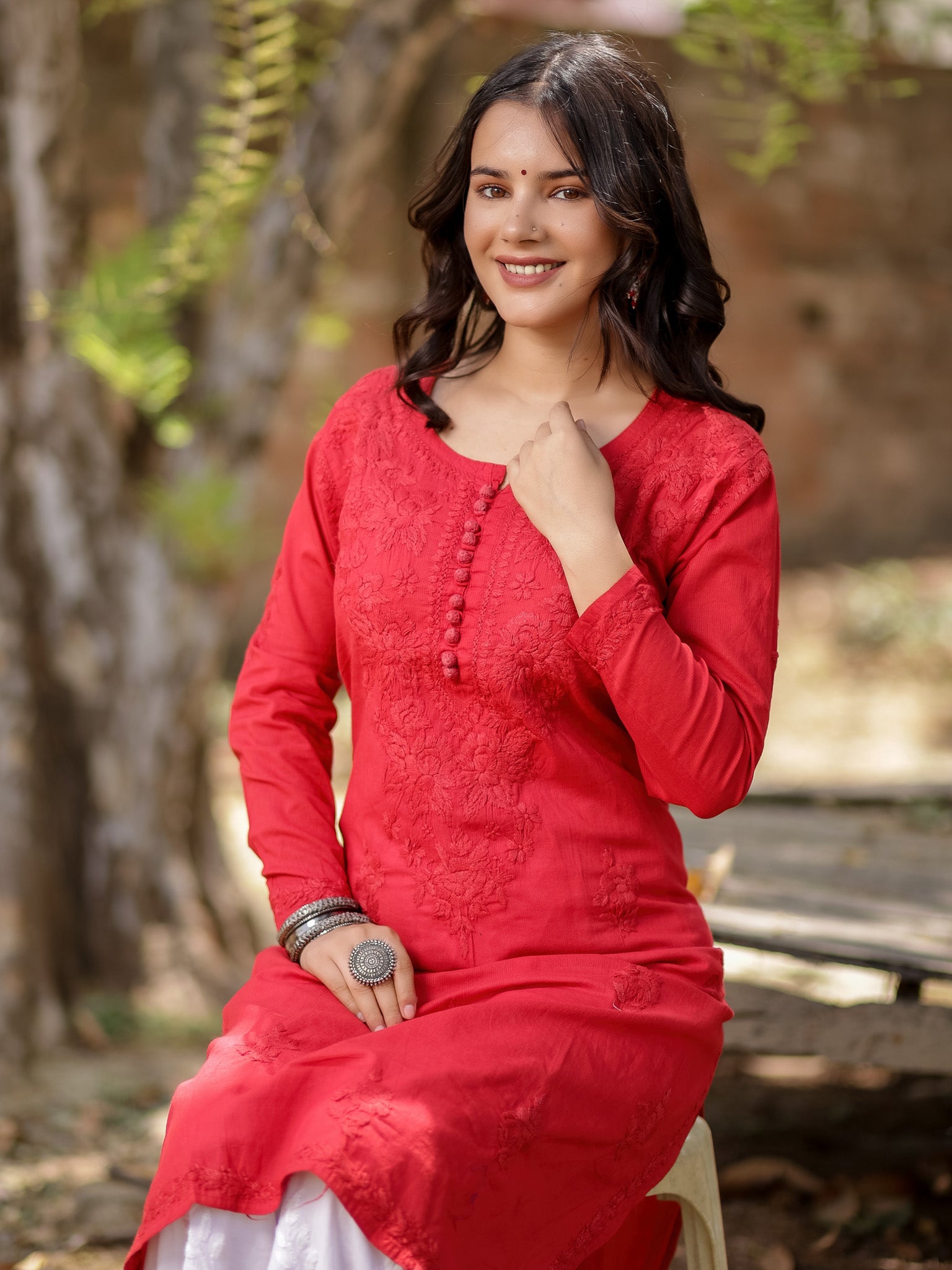 Readymade Floral Self Chikankari Modal Kurti-Red