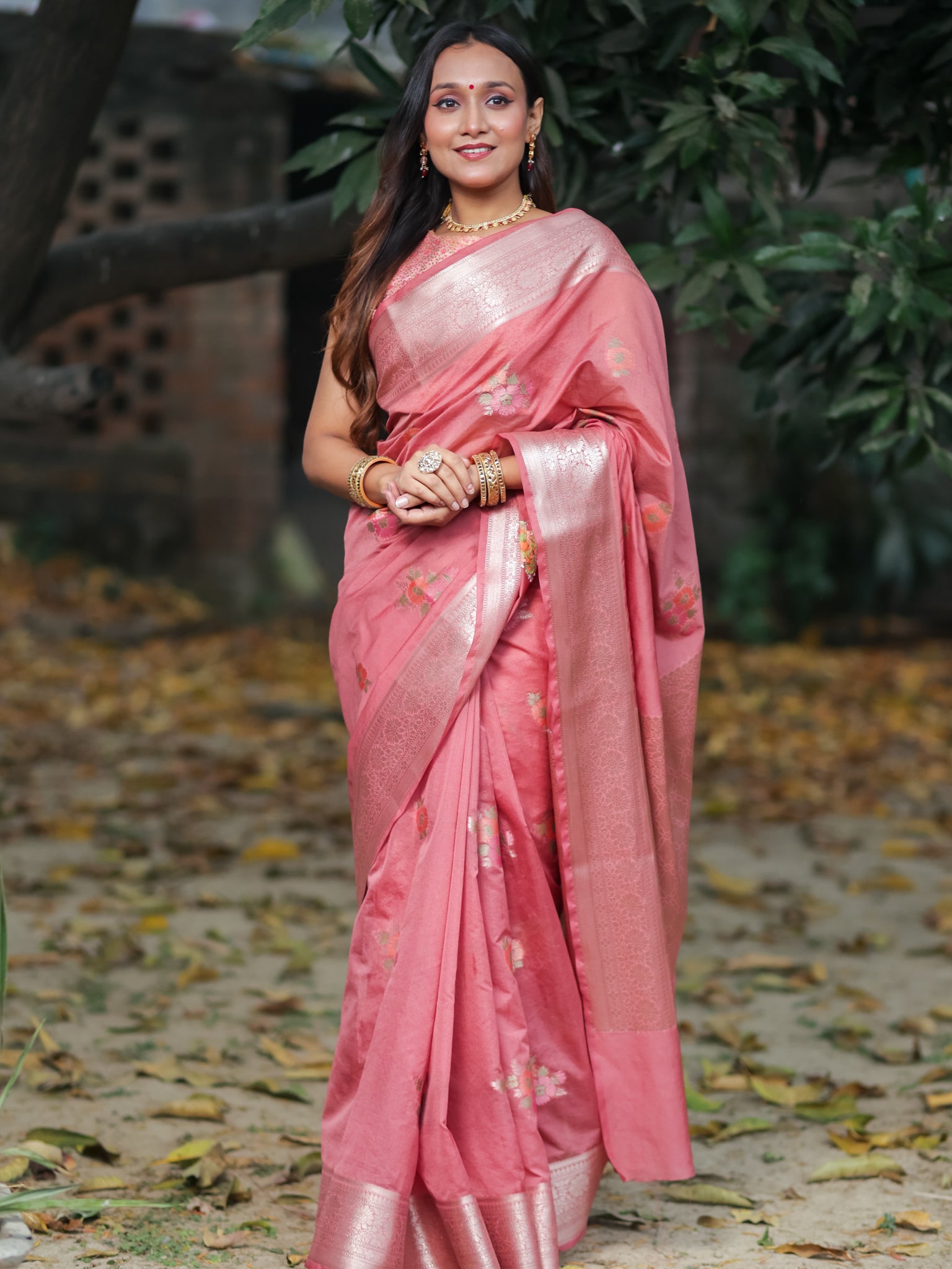 Banarasi Semi Georgette Saree with Floral Weaving & Border- Pink