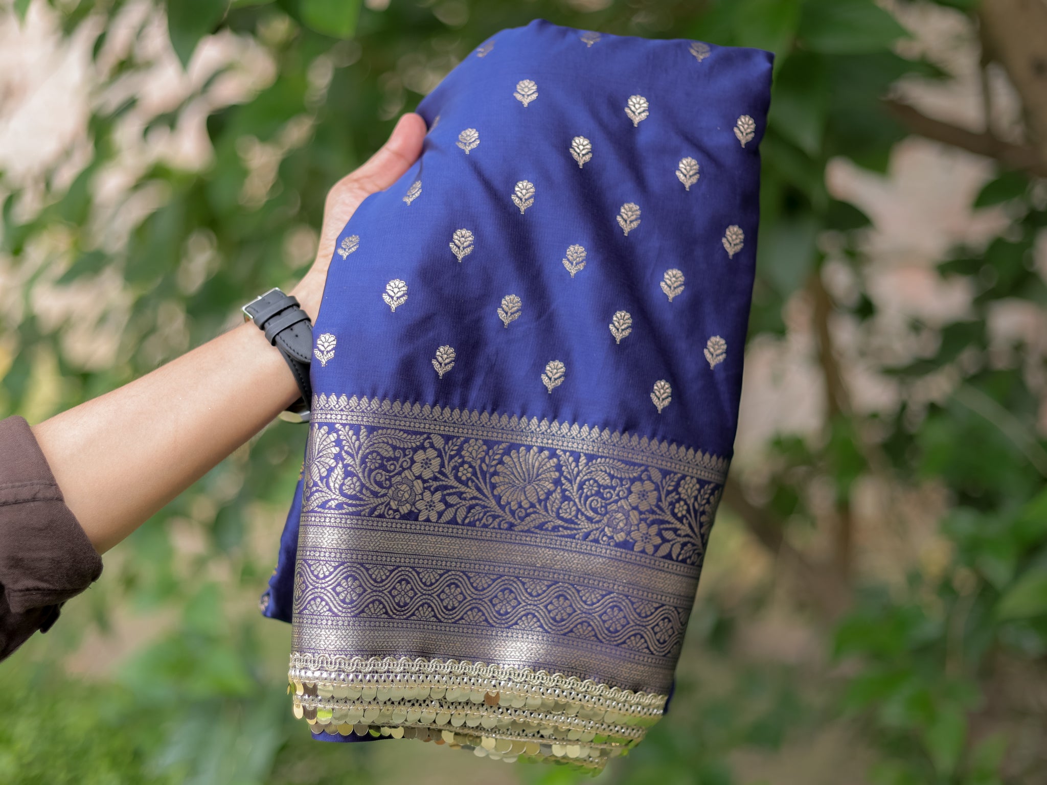 Banarasi Silk Saree With Buti Weaving & Lace Border- Blue